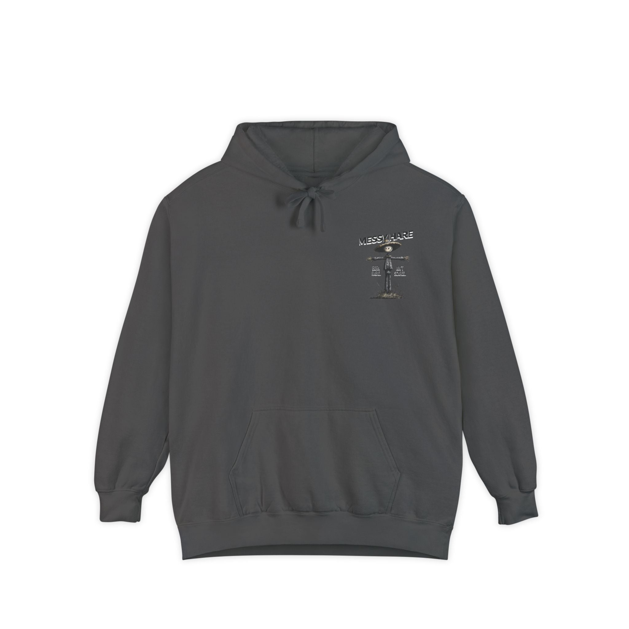 Gray hoodie with a small graphic on the chest against a white background