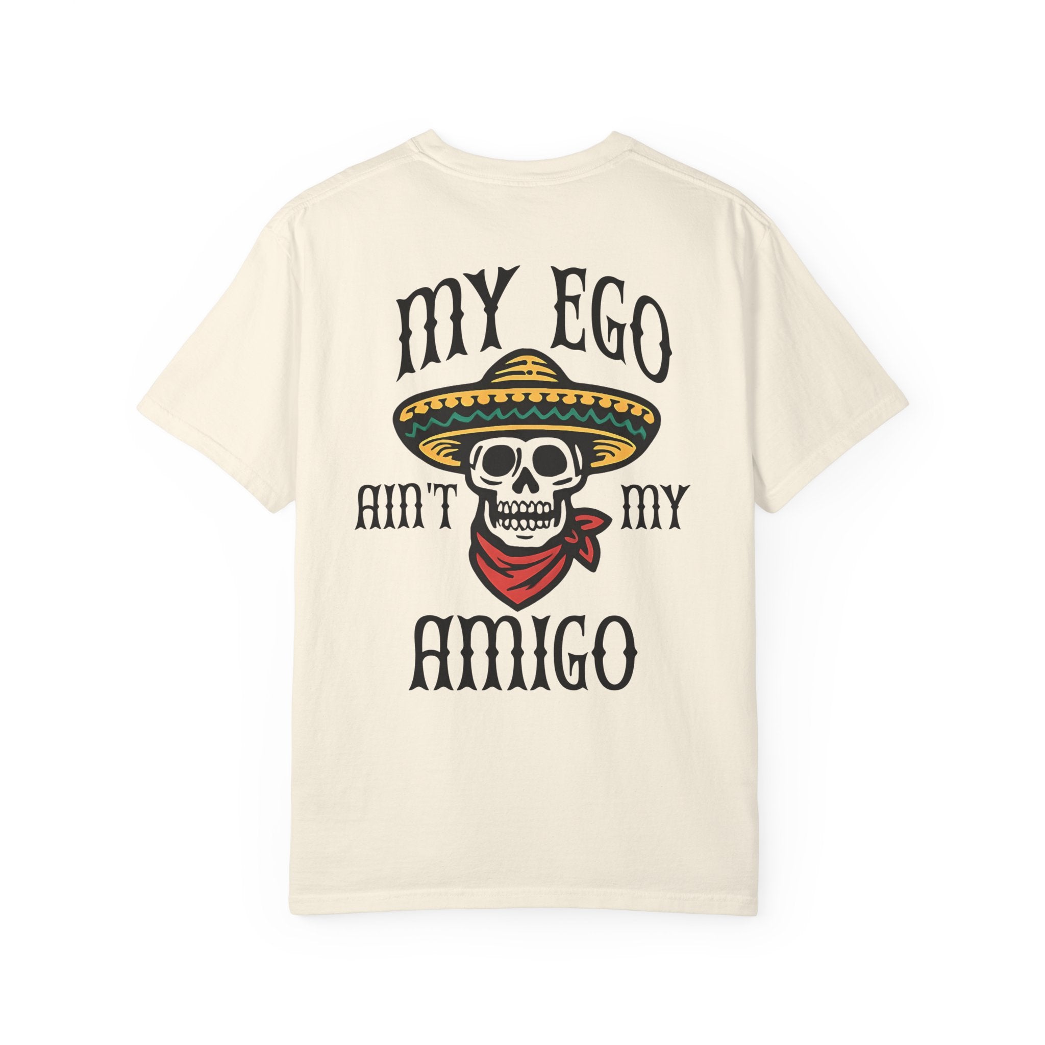 Beige t-shirt with skull graphic and text on a white background