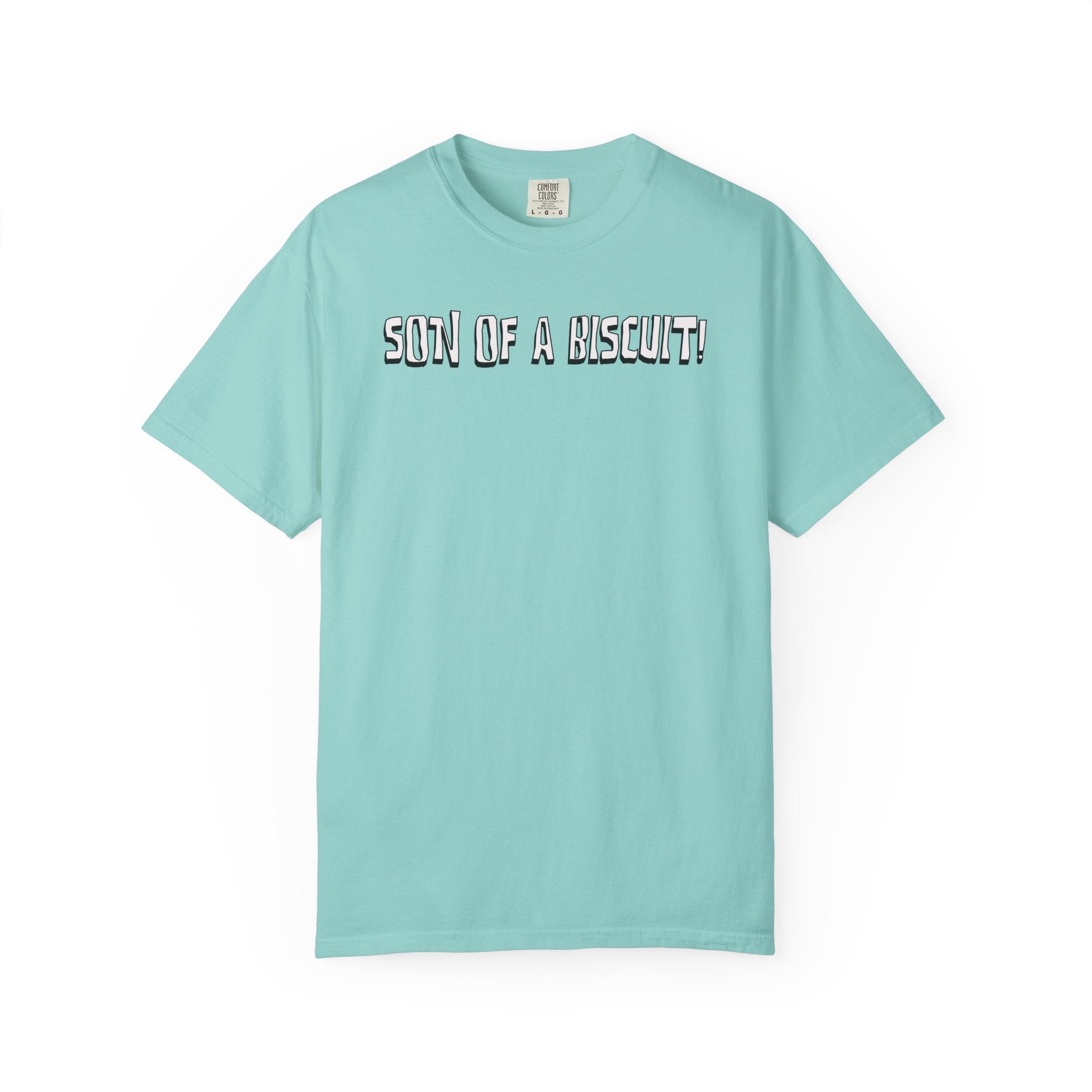 Light blue t-shirt with text on a white background