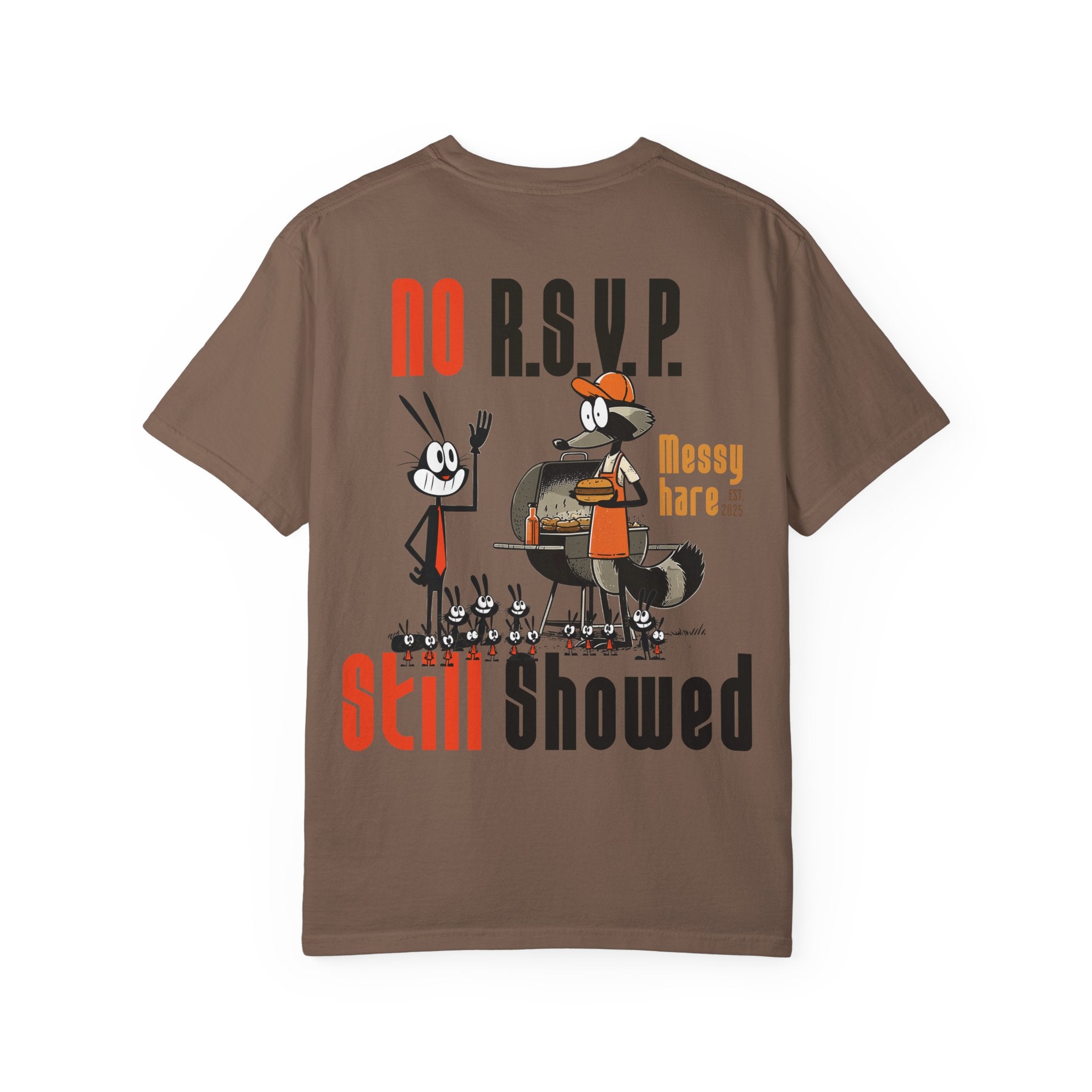 Brown t-shirt with cartoon characters and text on a white background