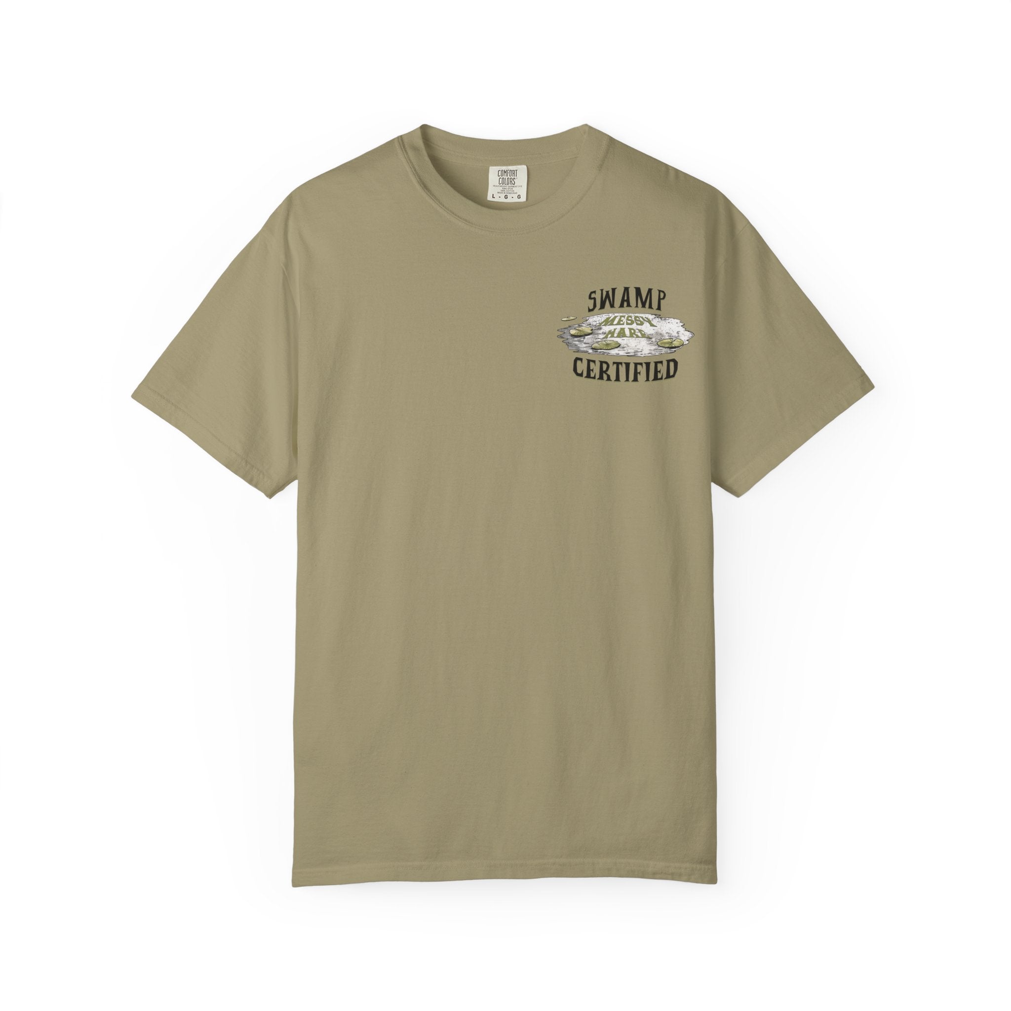 Khaki t-shirt with 'Swamp Certified' graphic on a white background