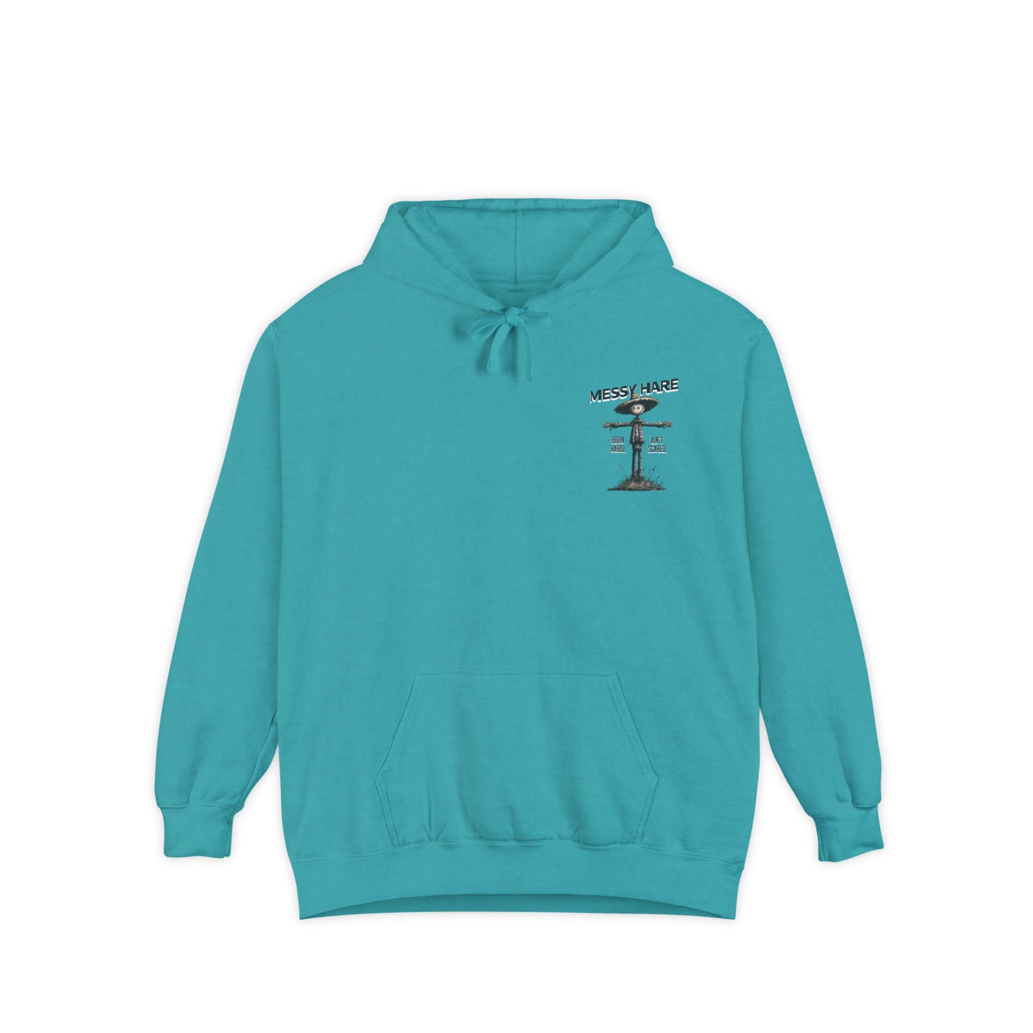 Teal hoodie with a small graphic on the chest against a white background