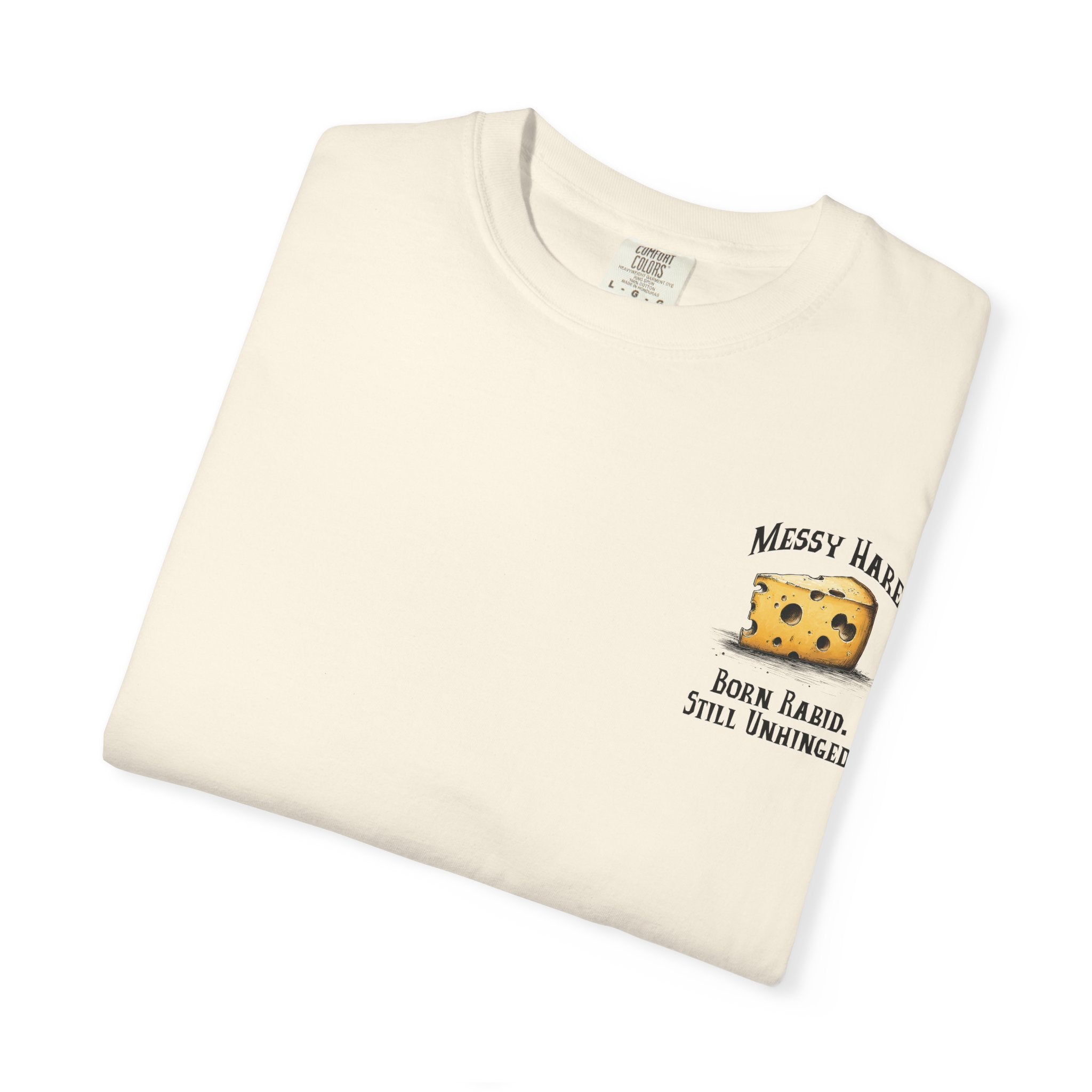 Folded cream-colored t-shirt with a graphic and text on a white background
