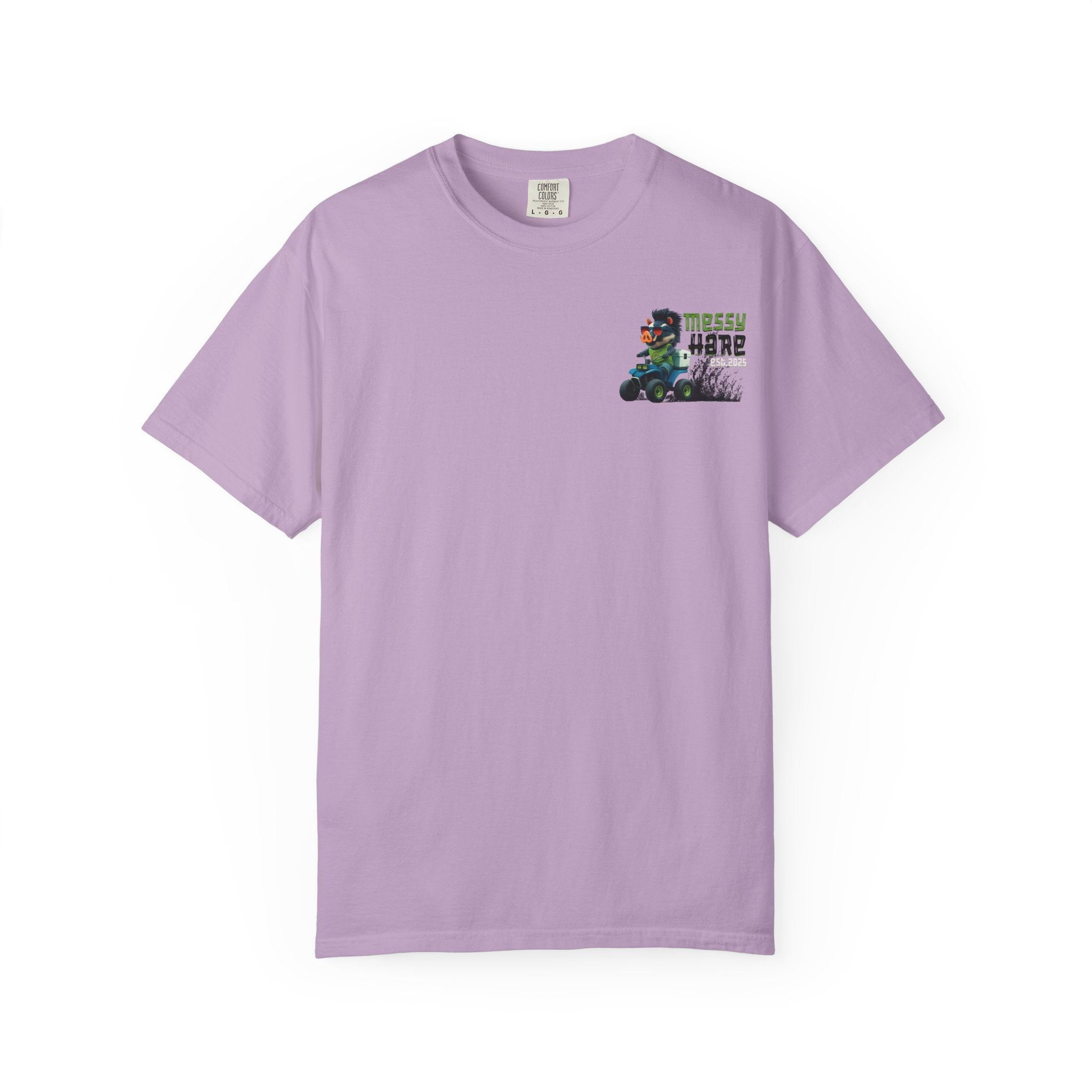 Purple t-shirt with a graphic design on a white background