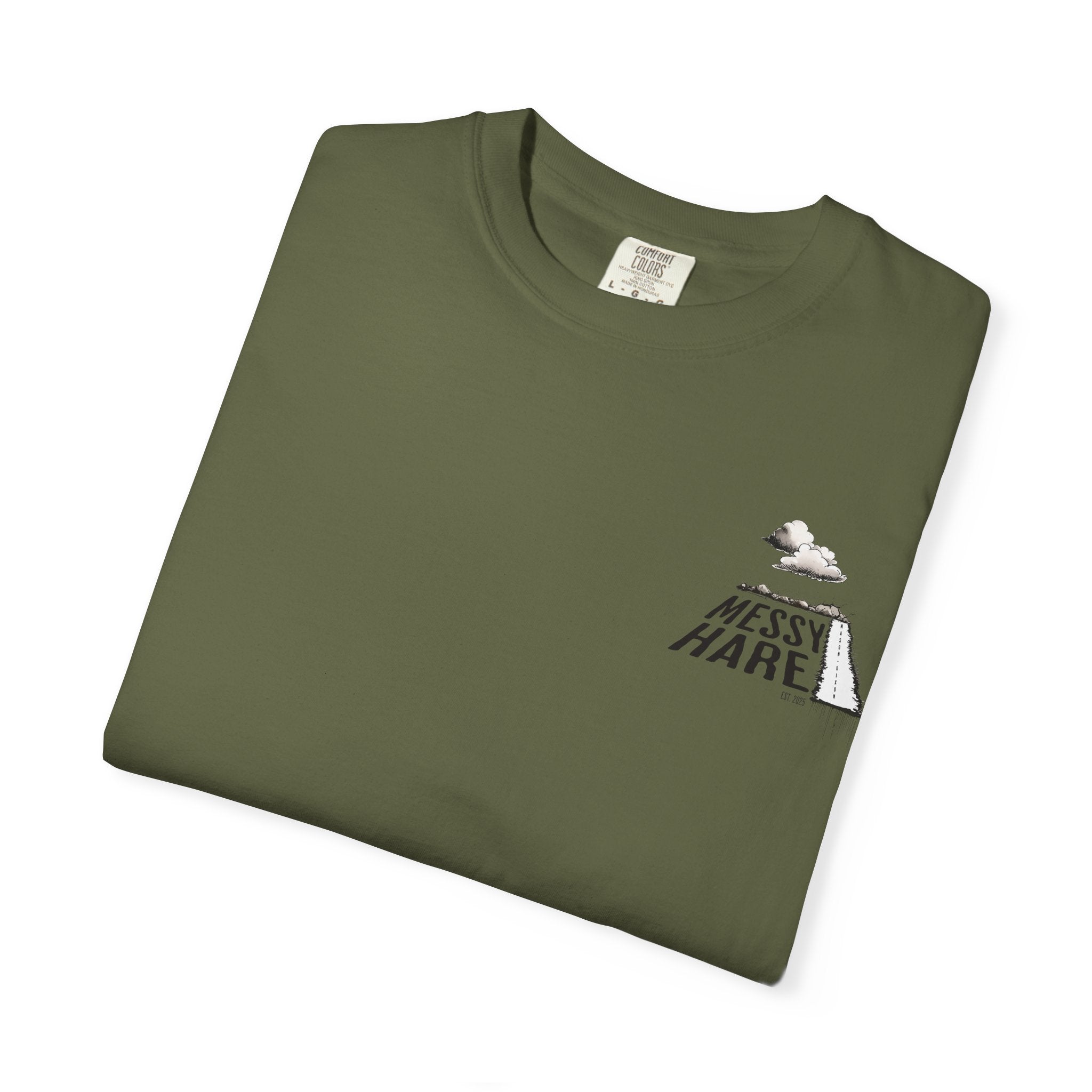Folded green t-shirt with a logo and text on a white background