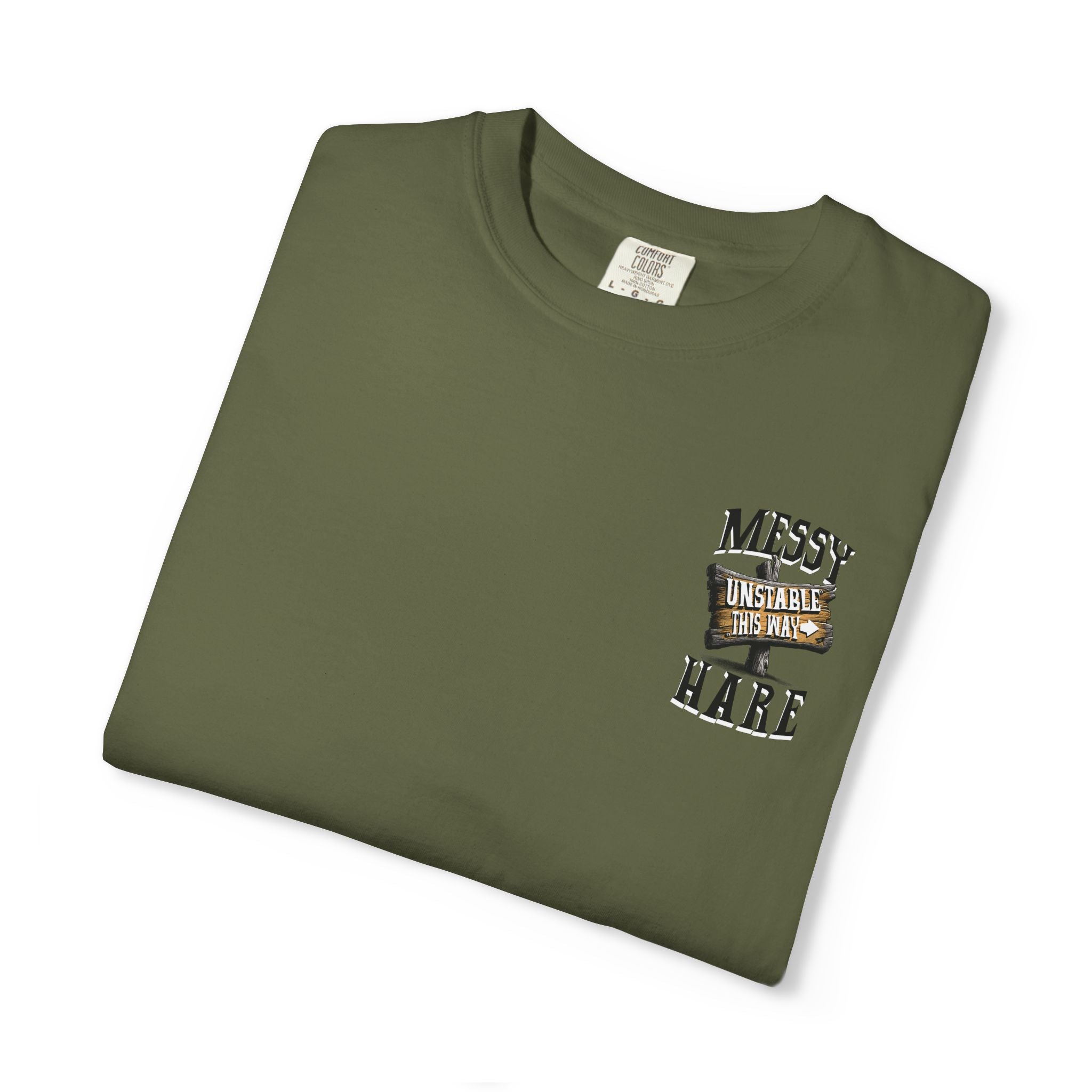 Folded green t-shirt with text and logo on a white background