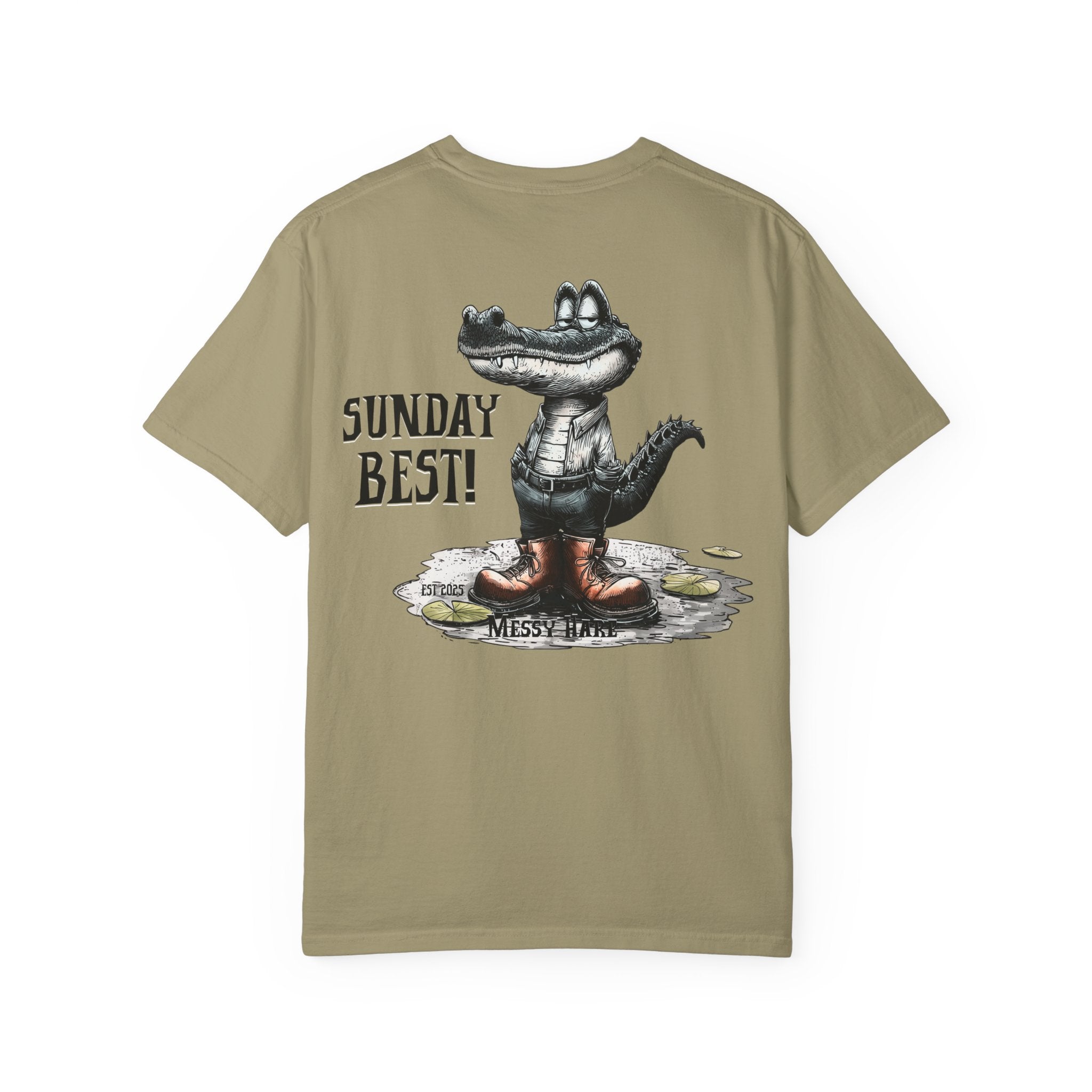 Khaki t-shirt with alligator graphic and text on a white background