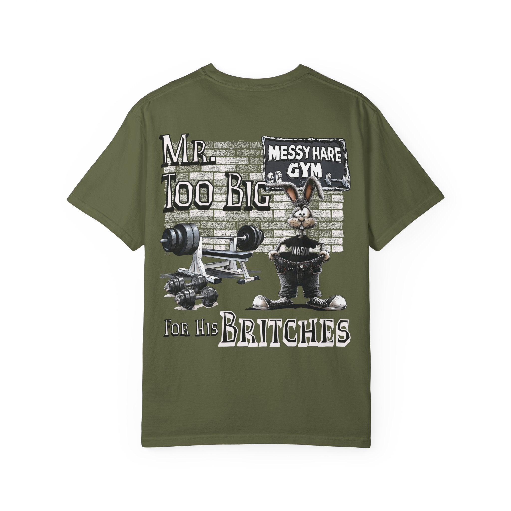 Green t-shirt with graphic design of a rabbit and text on a white background