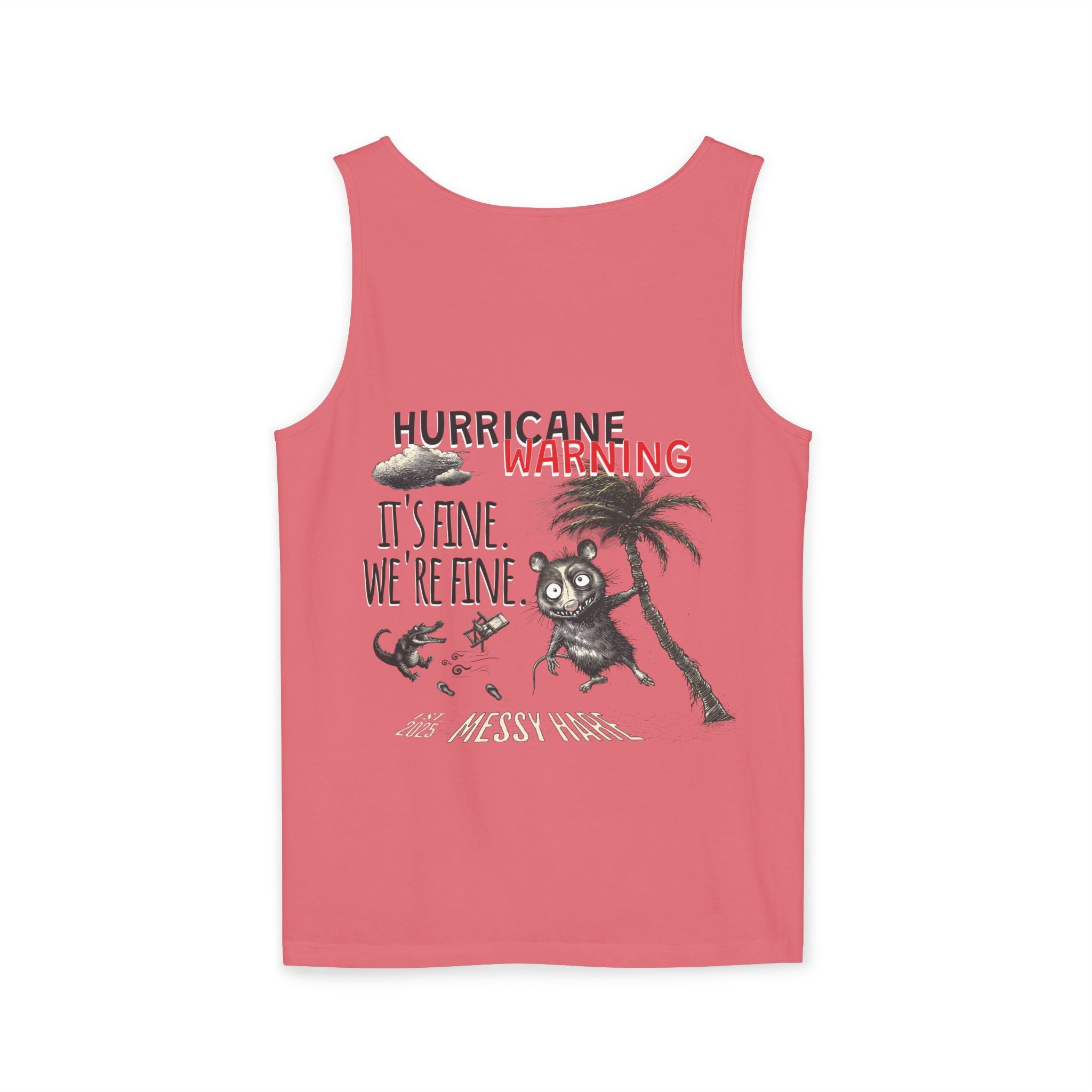 Pink tank top with graphic design and text on a white background
