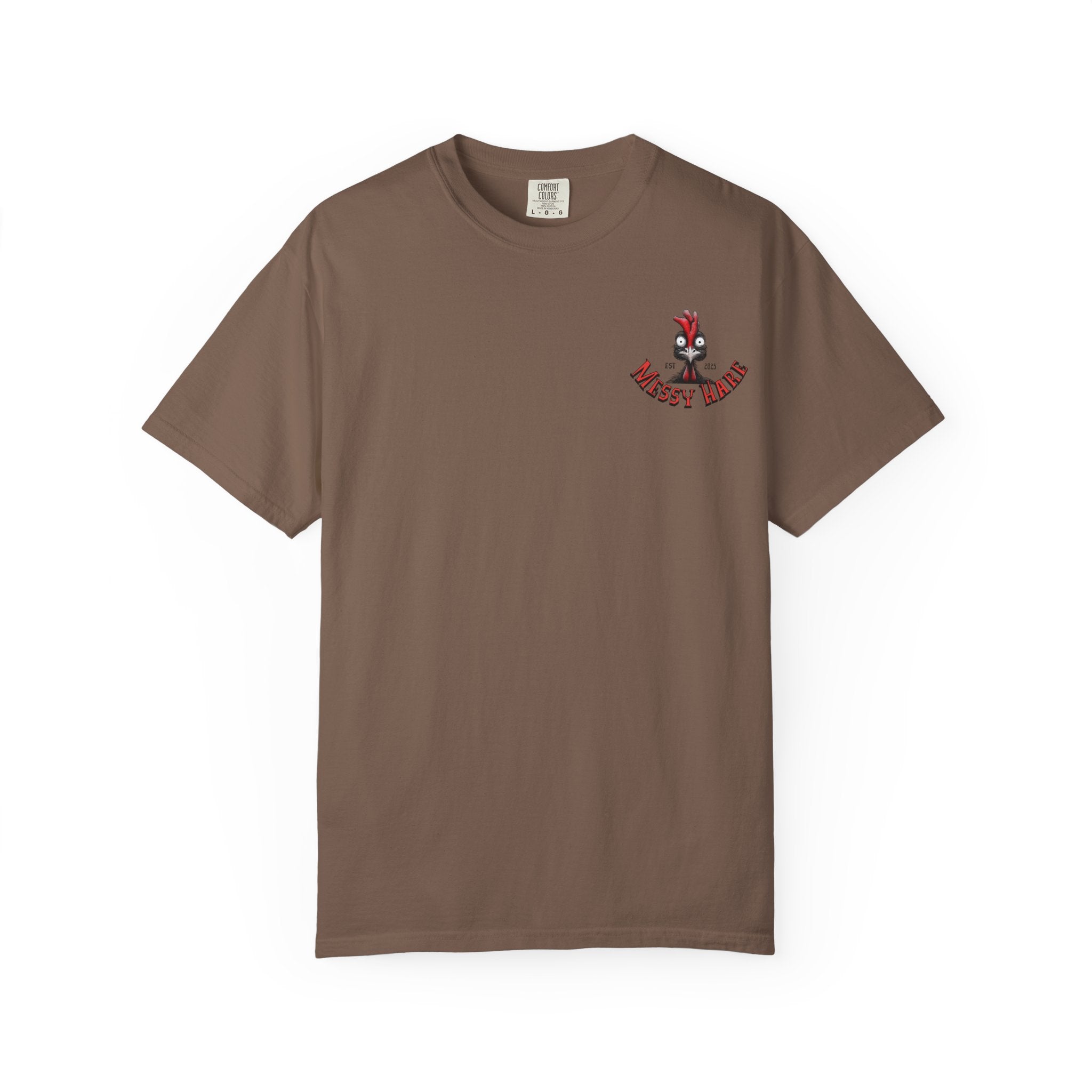 Brown t-shirt with a graphic design on a white background