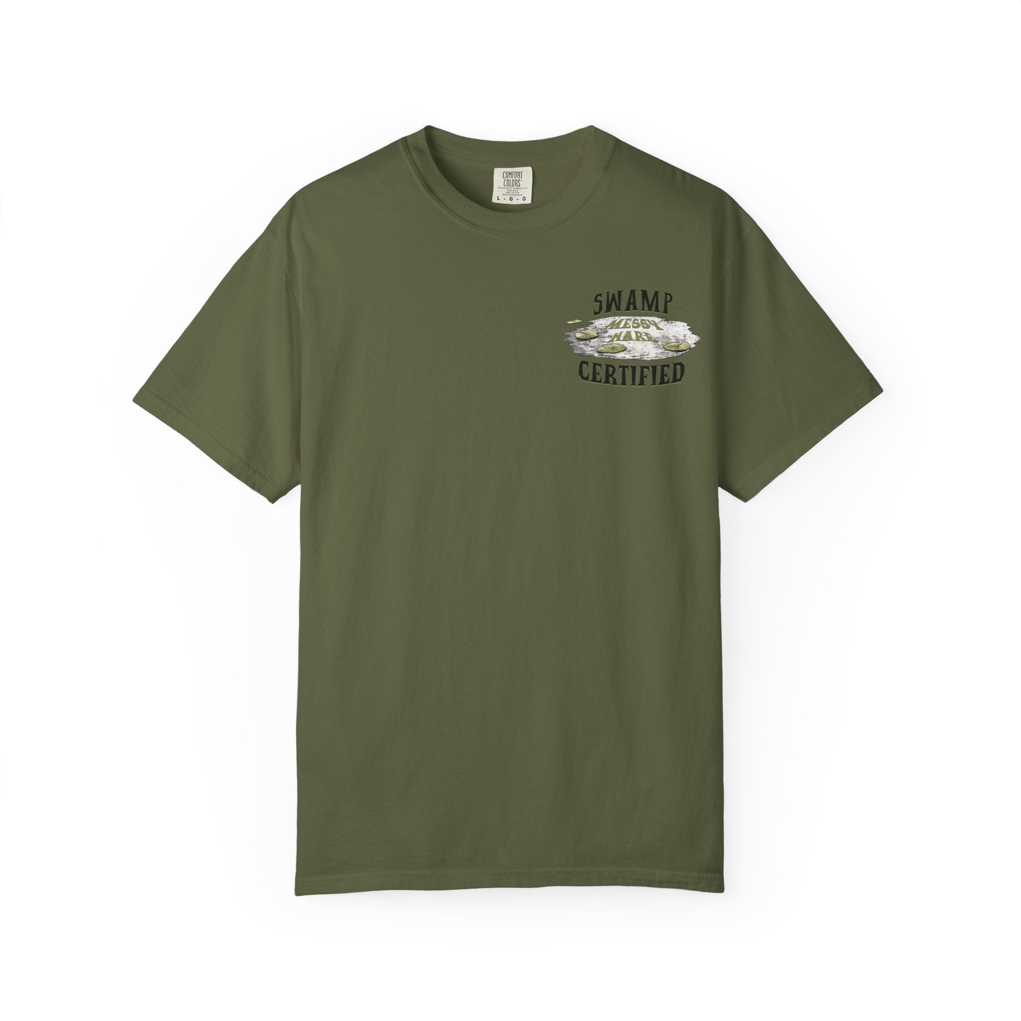 Green t-shirt with a graphic and text on a white background