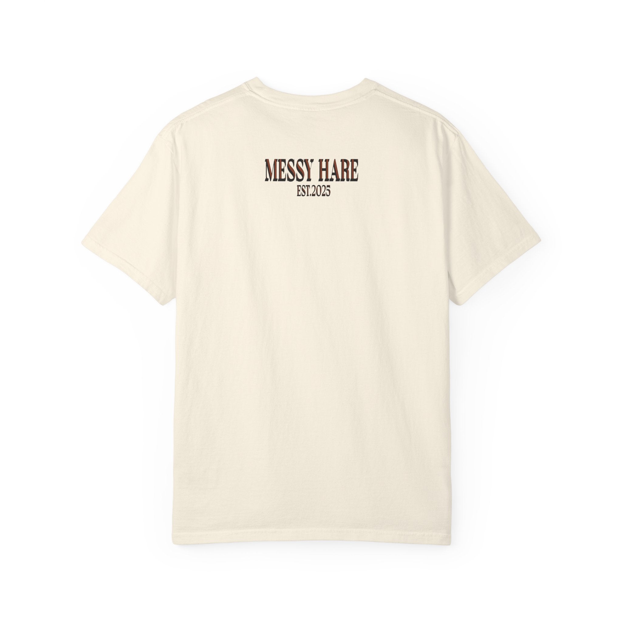 Beige t-shirt with 'Messy Hare' logo on the back against a white background