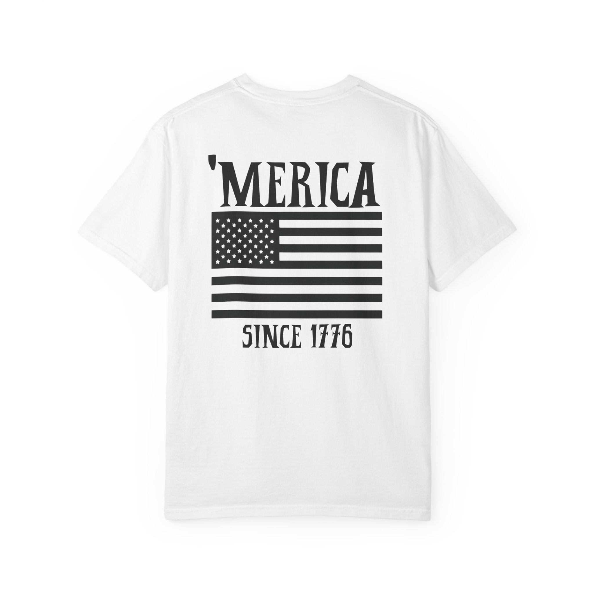 White t-shirt with 'Merica since 1776' design on a white background