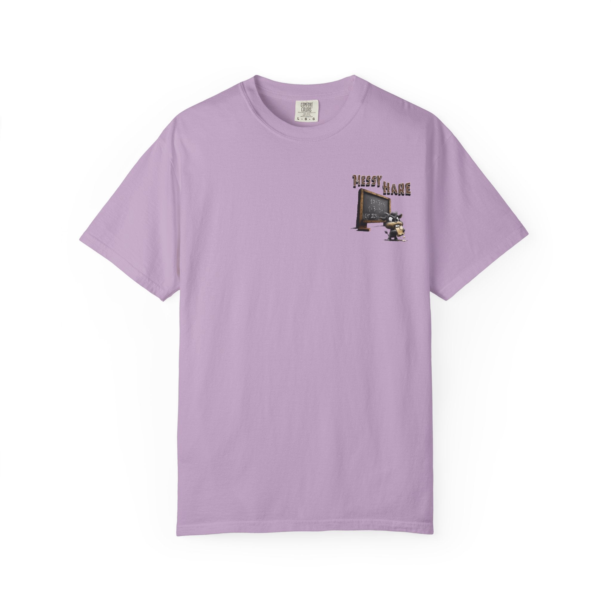Purple t-shirt with a small graphic on a white background