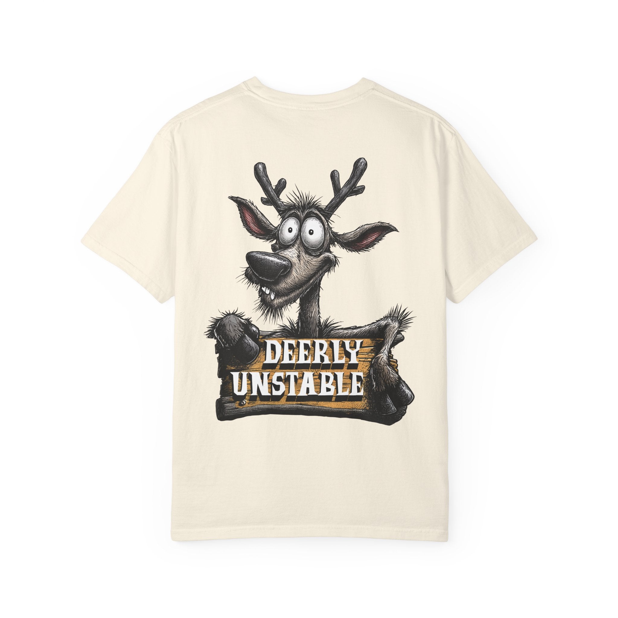 Beige t-shirt with cartoon reindeer graphic and 'Deerly Unstable' text on a white background