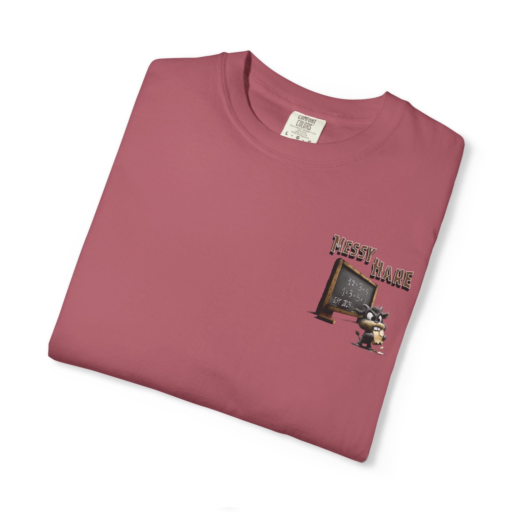 Folded maroon t-shirt with graphic design on a white background