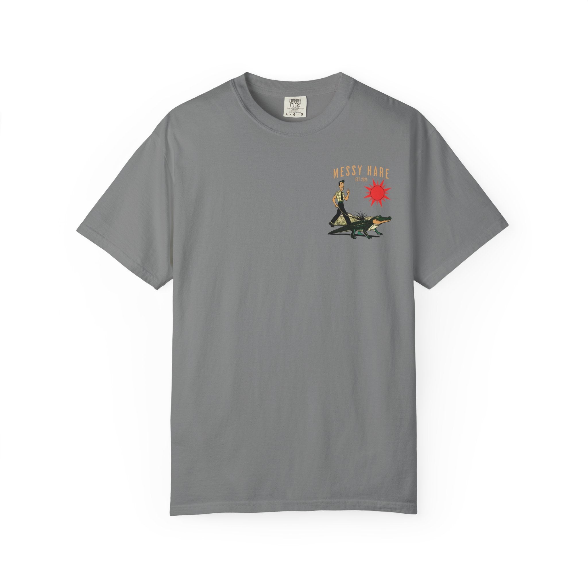Gray t-shirt with graphic design on a white background