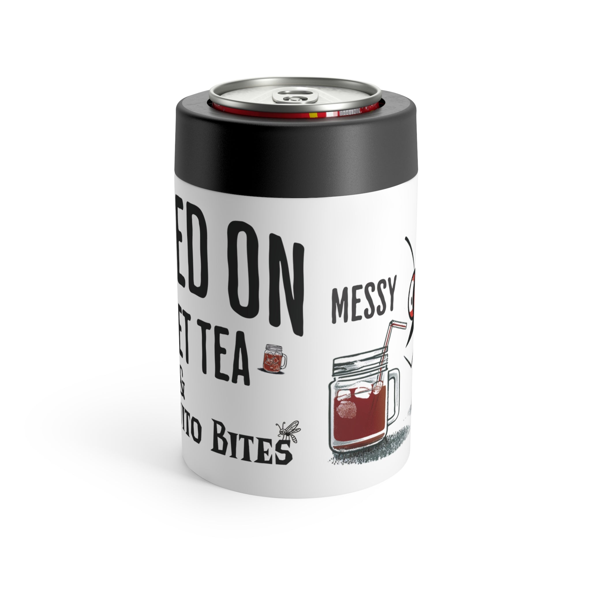 White can cooler with black text and graphics on a white background