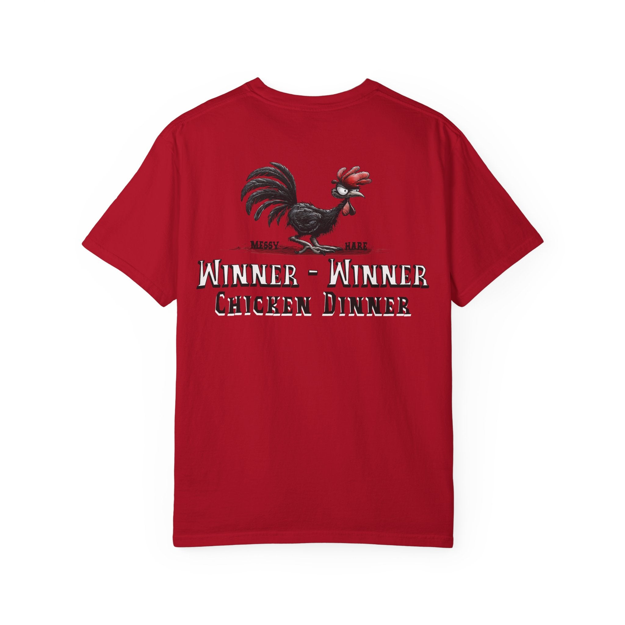 Red t-shirt with a rooster graphic and text on the back, on a white background
