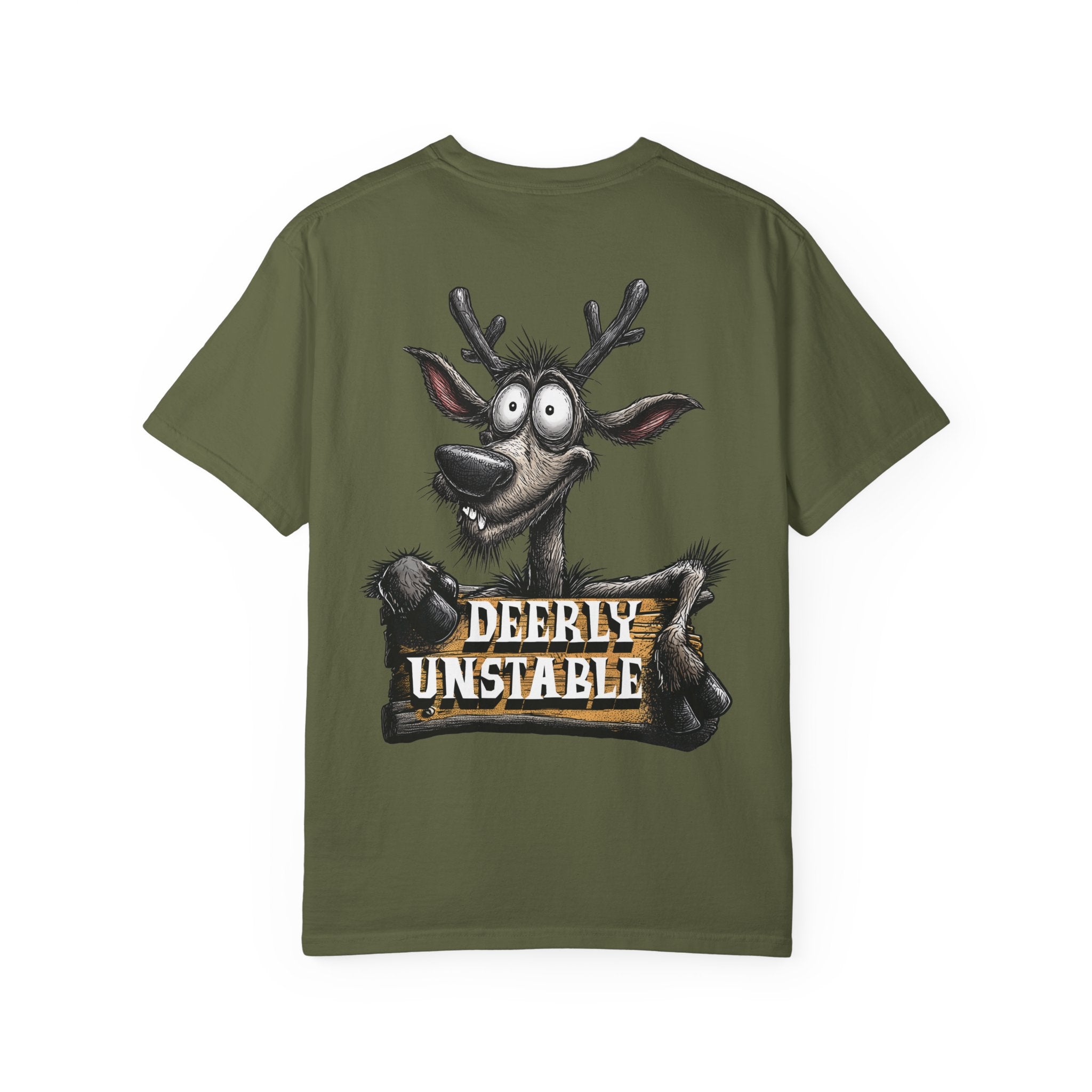 Green t-shirt with a cartoon deer and text 'Deerly Unstable' on a white background
