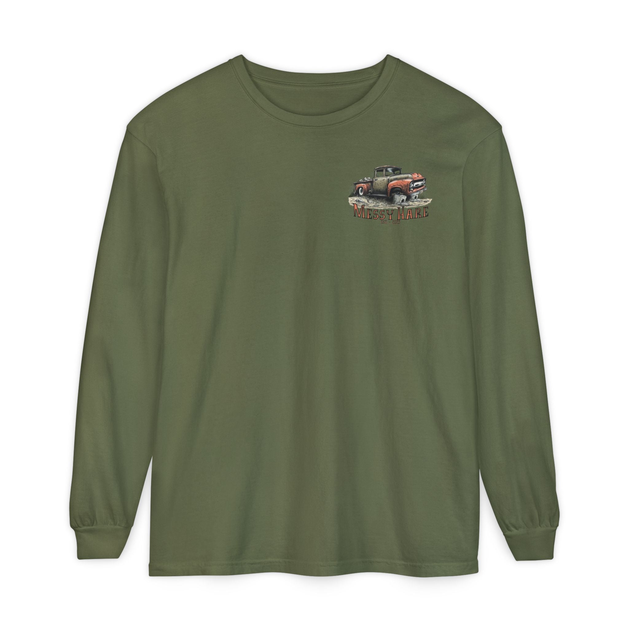 Green long-sleeve shirt with a graphic of a truck on a white background