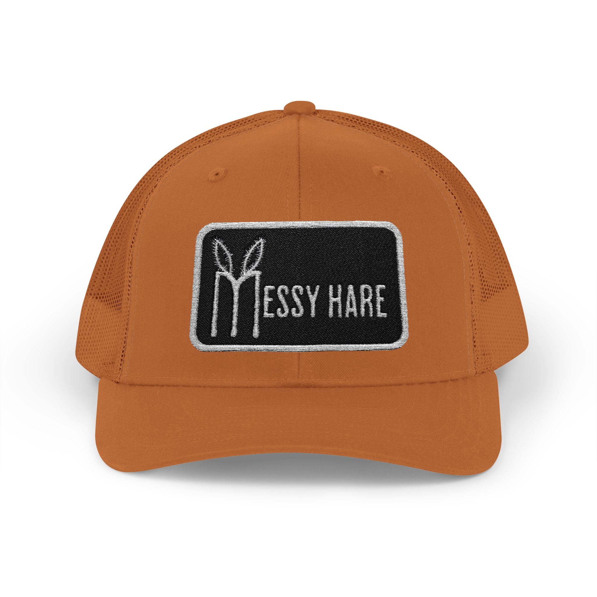 Brown cap with 'Messy Hare' logo on a white background