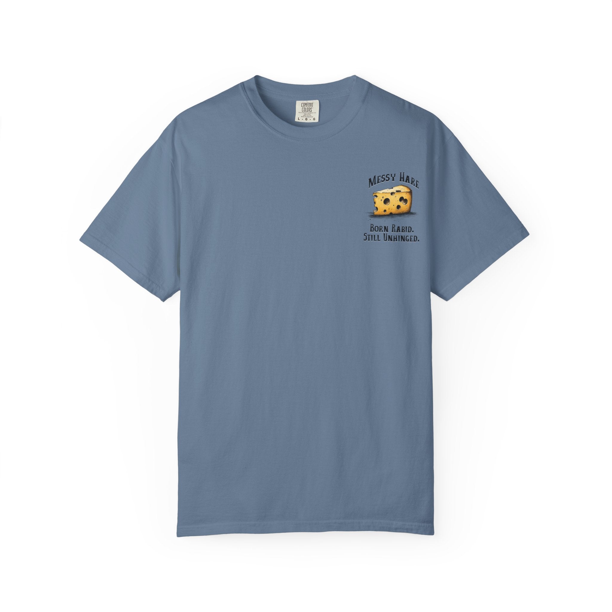 Blue t-shirt with a cheese graphic and text on a white background