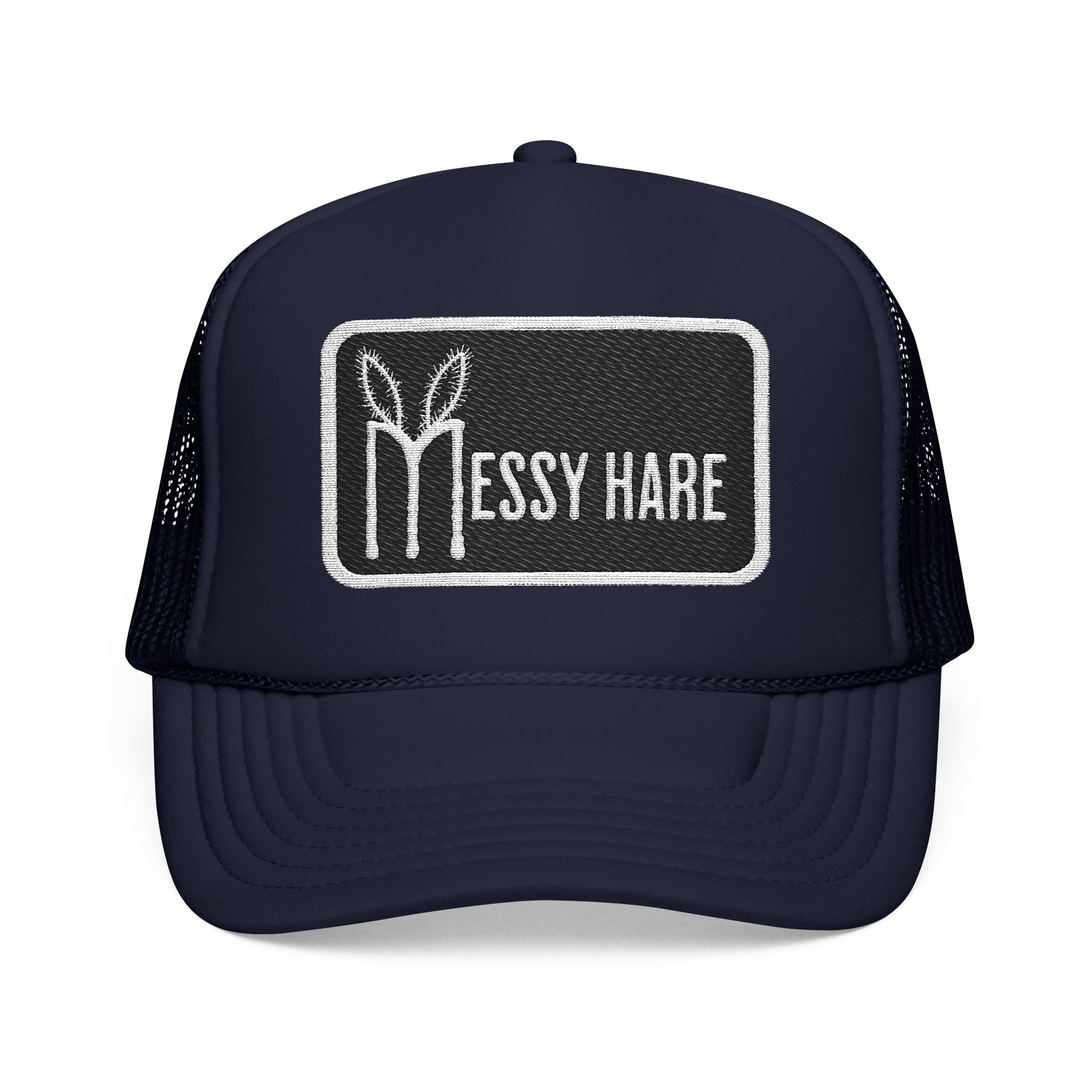 Navy blue trucker hat with 'Messy Hare' logo on a white background