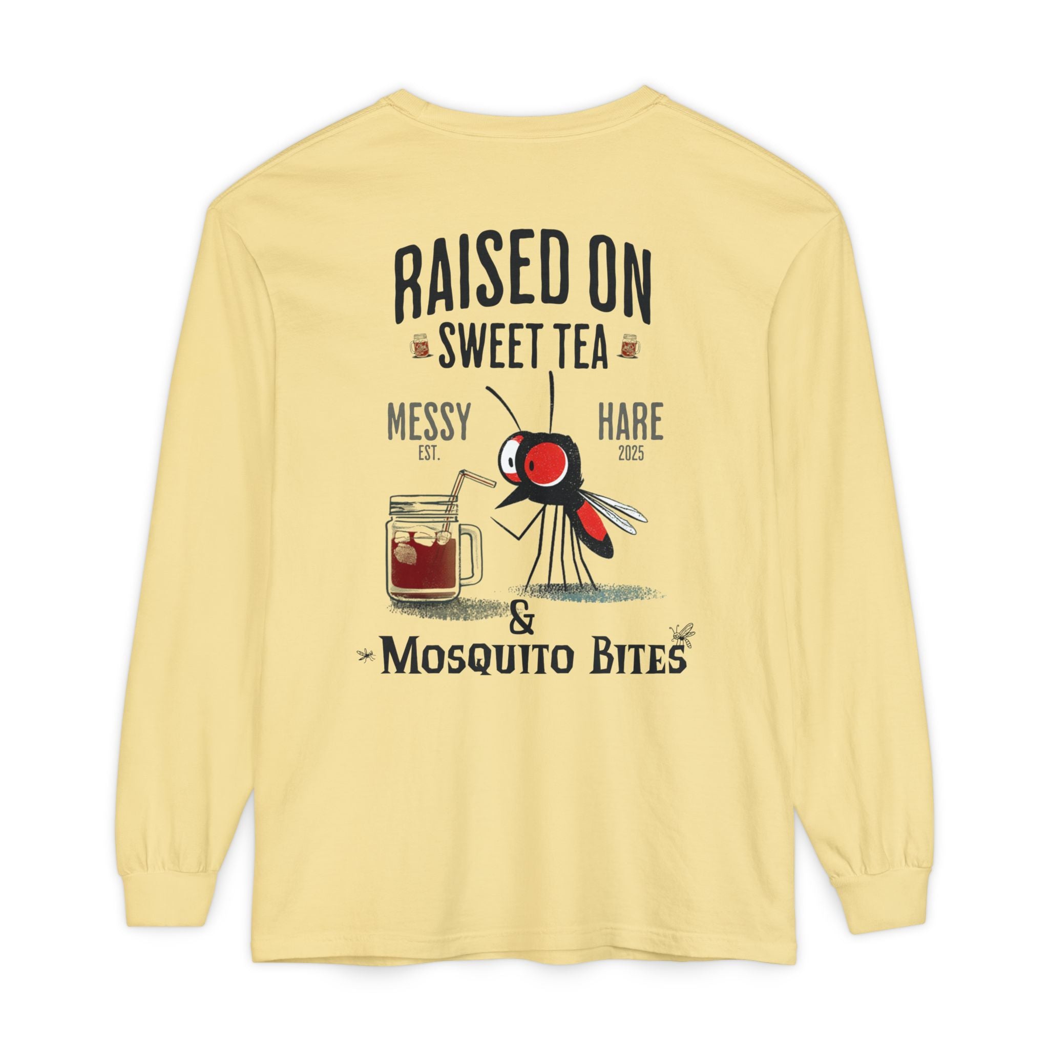 Yellow long-sleeve shirt with graphic design and text on a white background