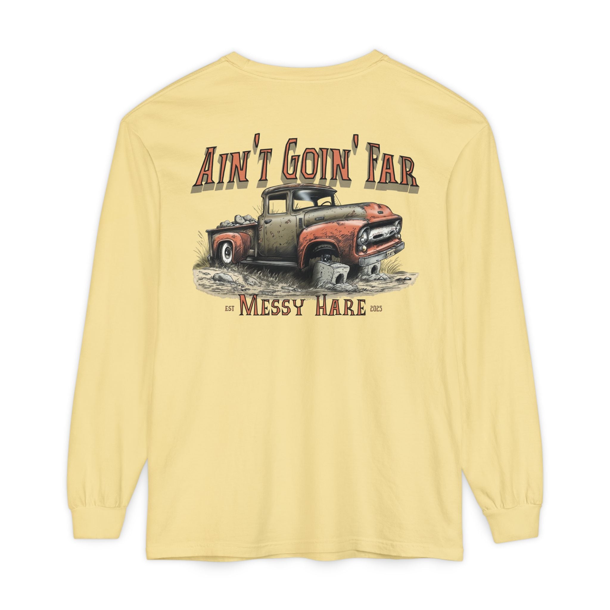 Yellow long-sleeve shirt with a graphic of an old truck and text on a white background
