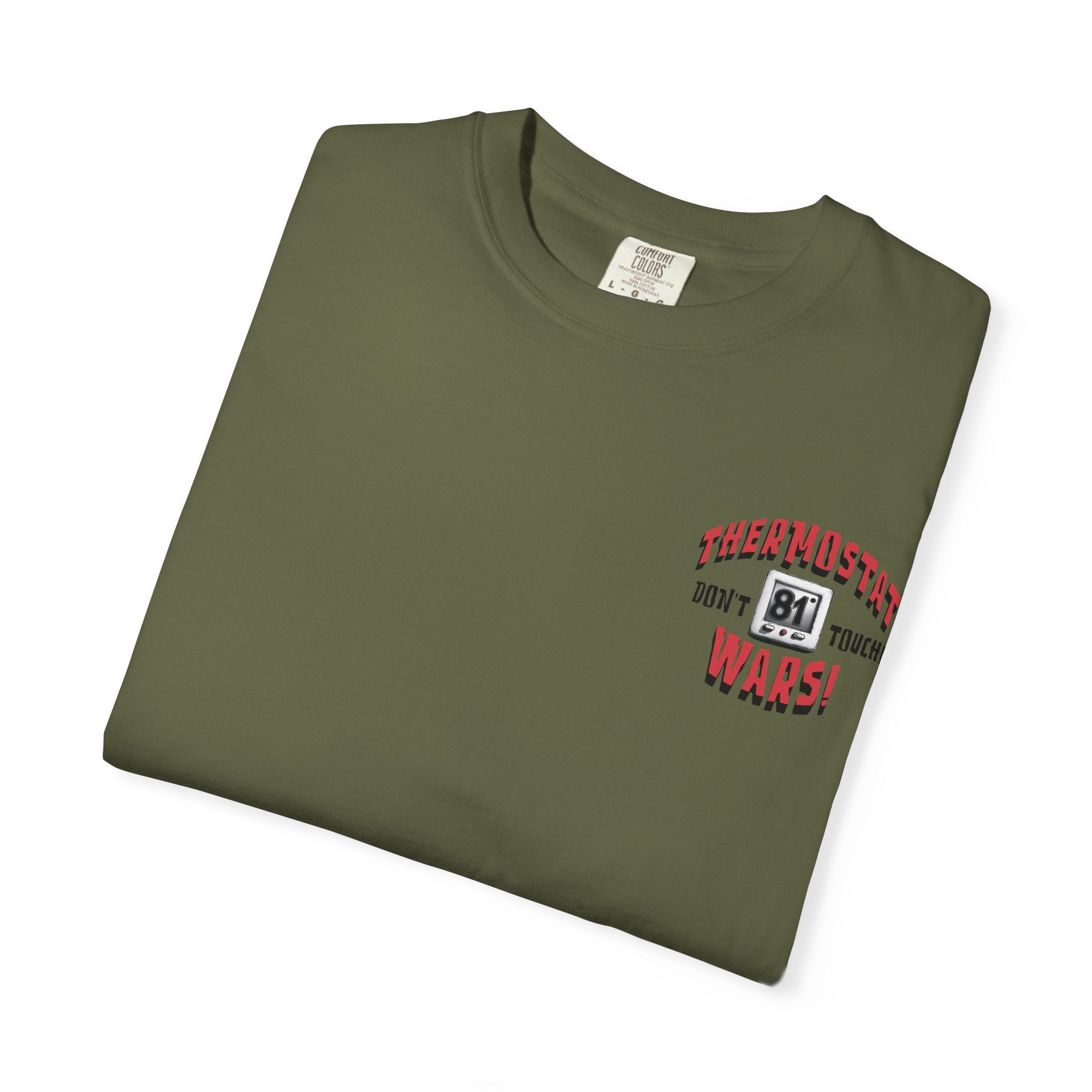 Folded green t-shirt with red and white text on a white background