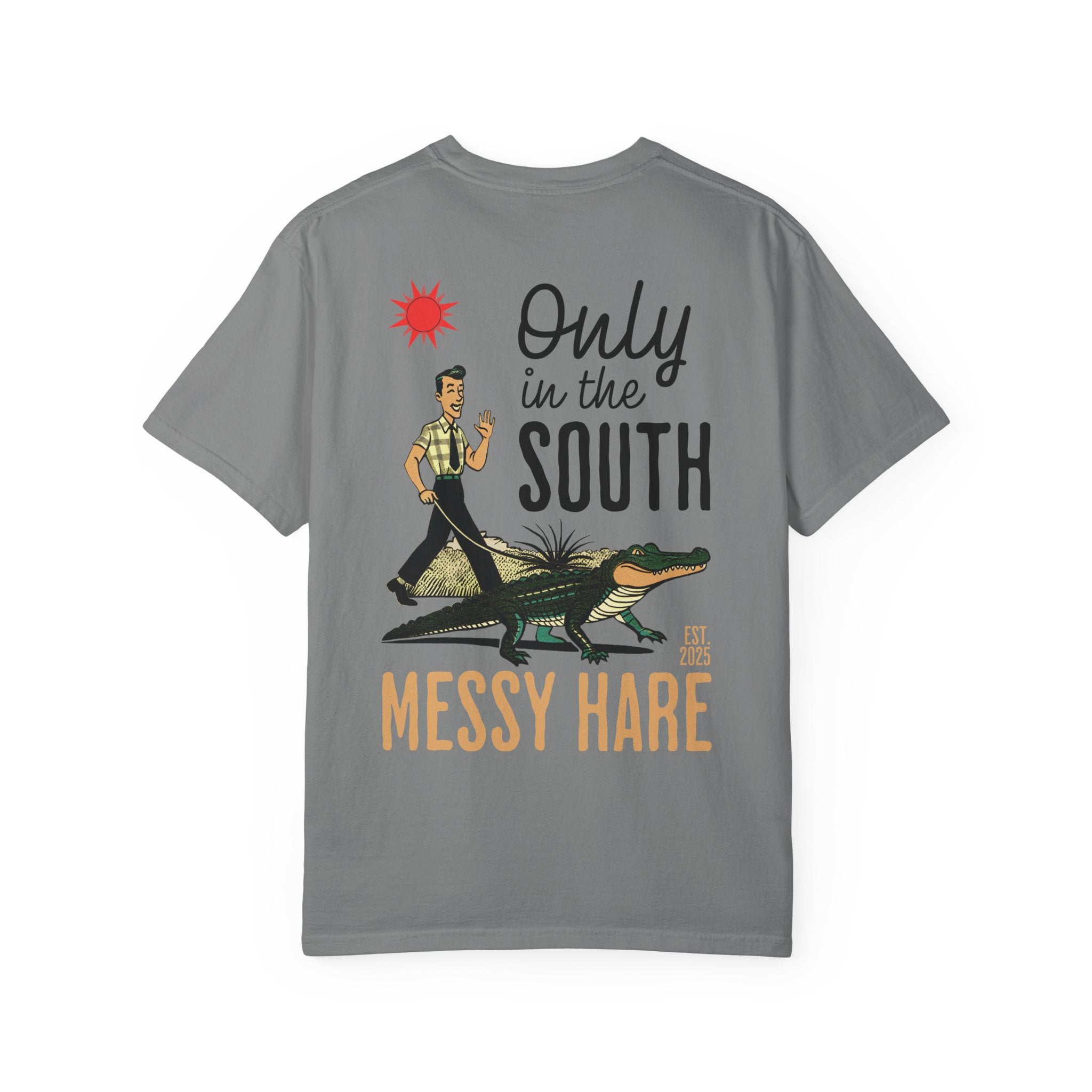 Gray t-shirt with graphic design and text 'Only in the South Messy Hare' on a white background