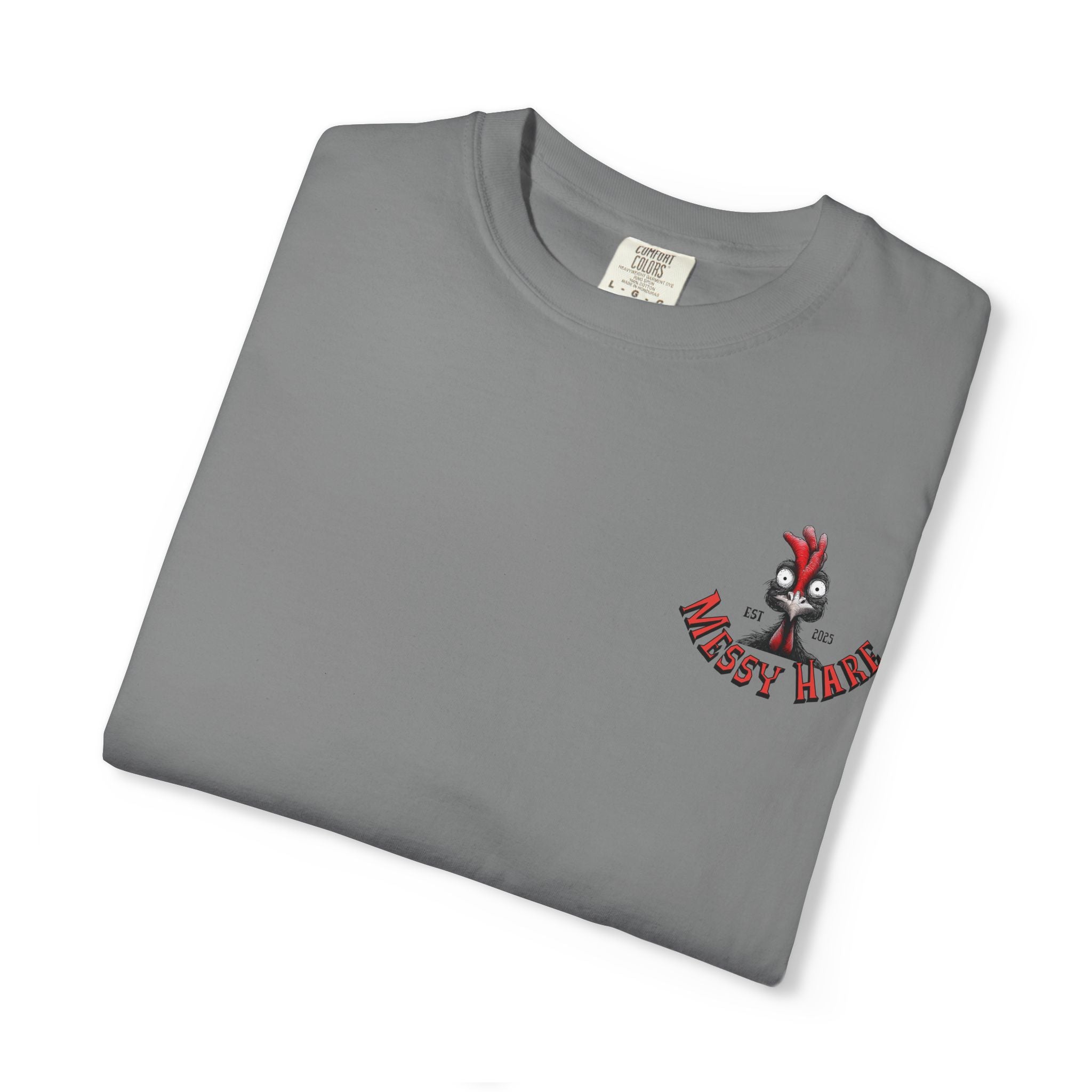 Folded gray t-shirt with a logo on a white background