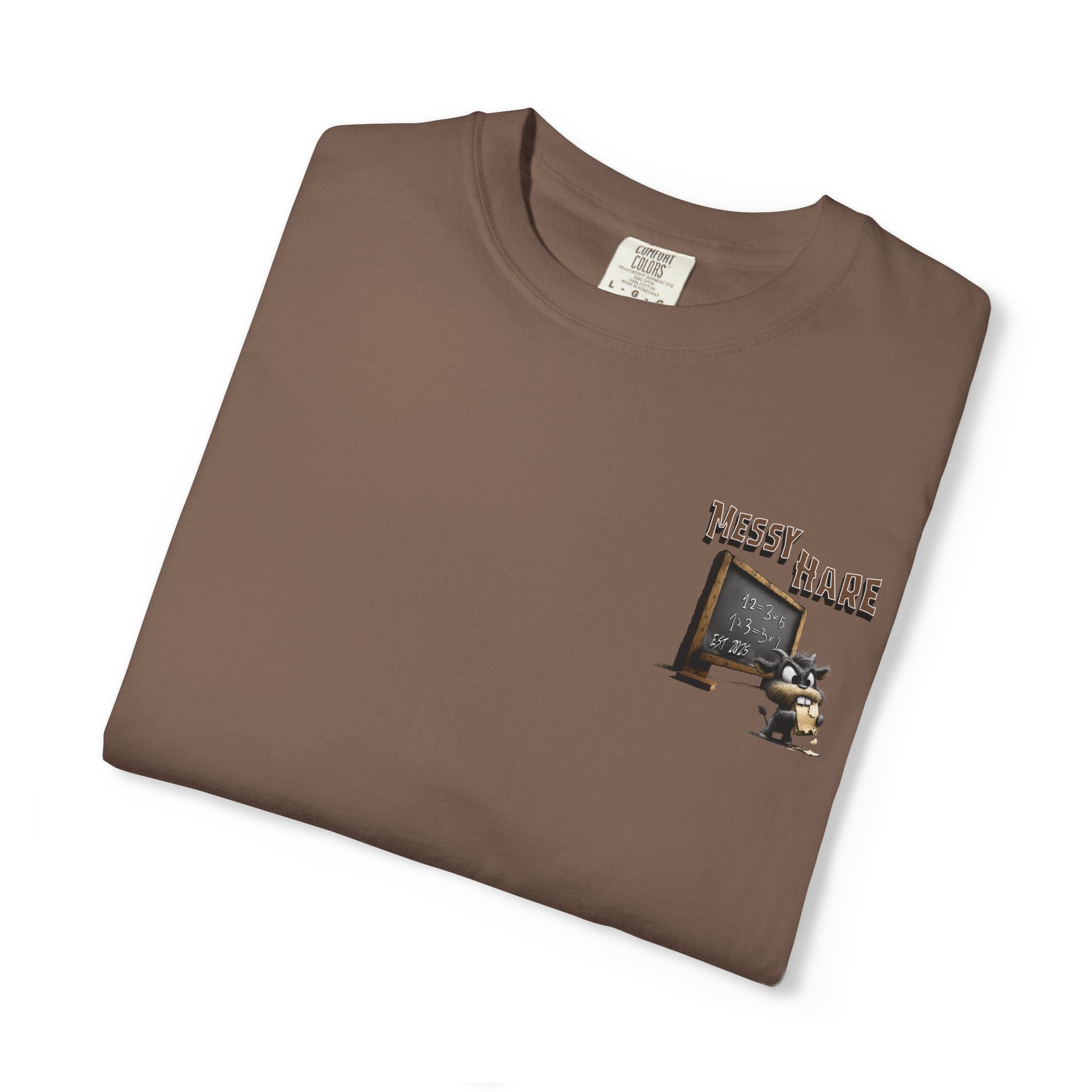 Folded brown t-shirt with a graphic design on a white background