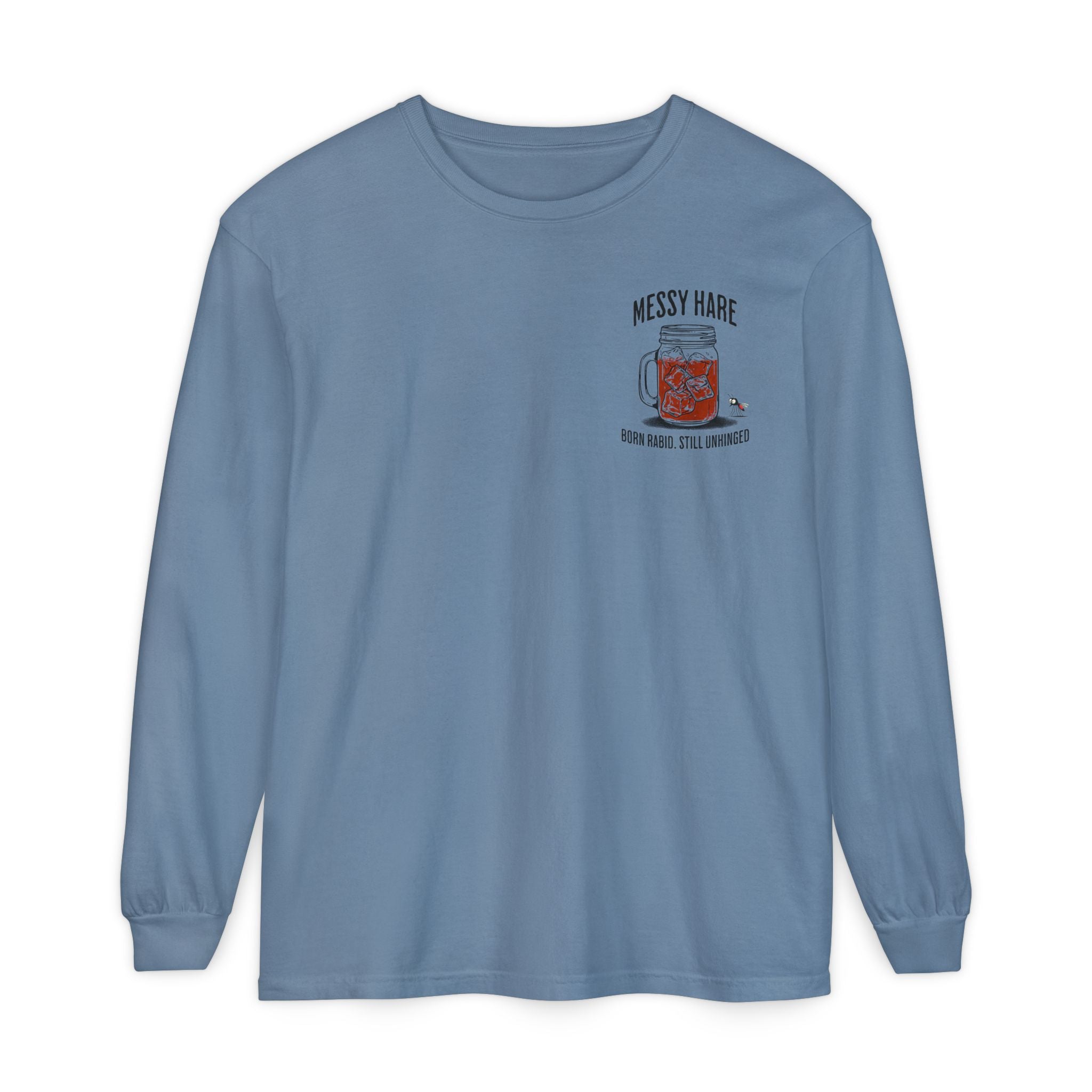 Blue long-sleeve shirt with a graphic design on a white background