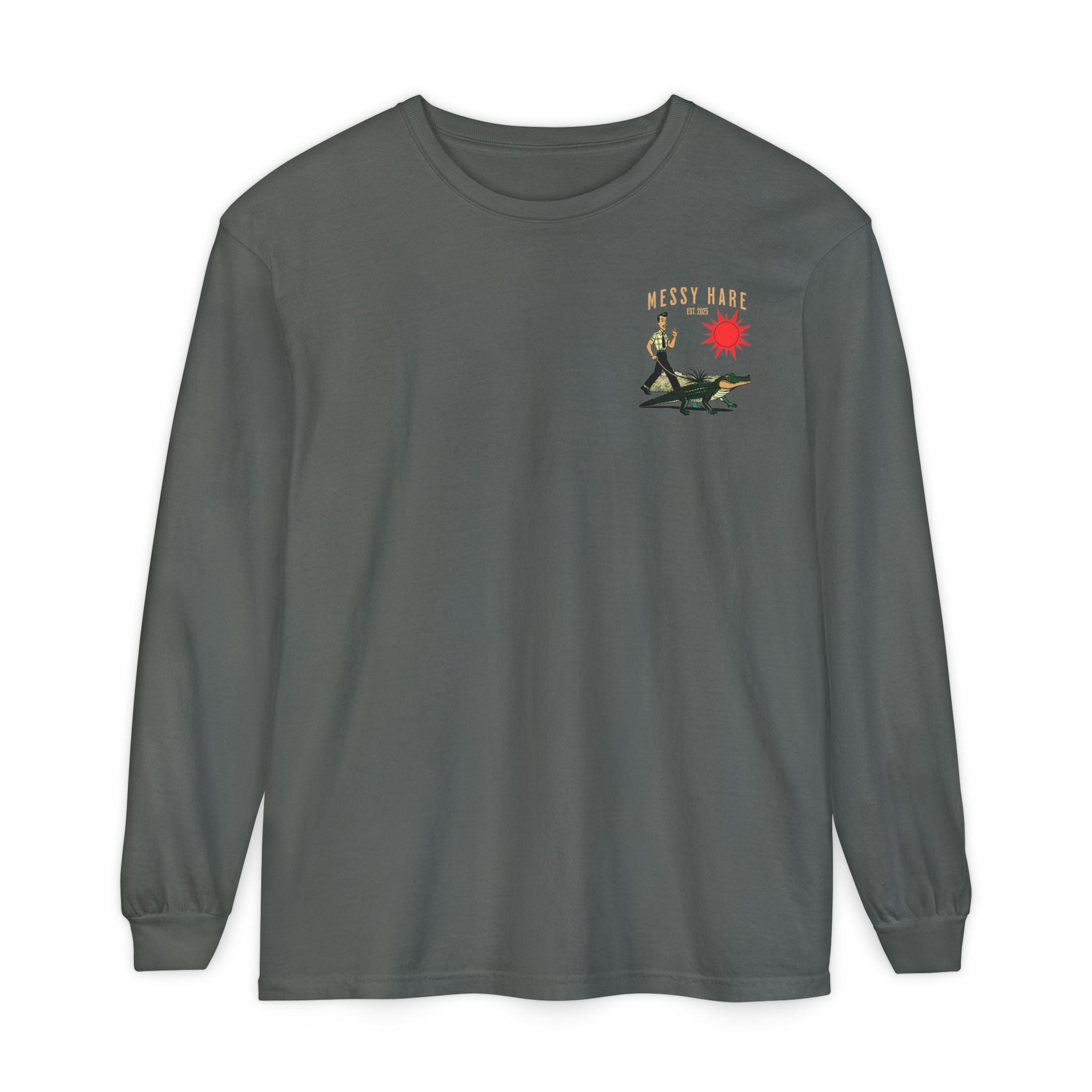 Gray long-sleeve shirt with a graphic design on the chest against a white background