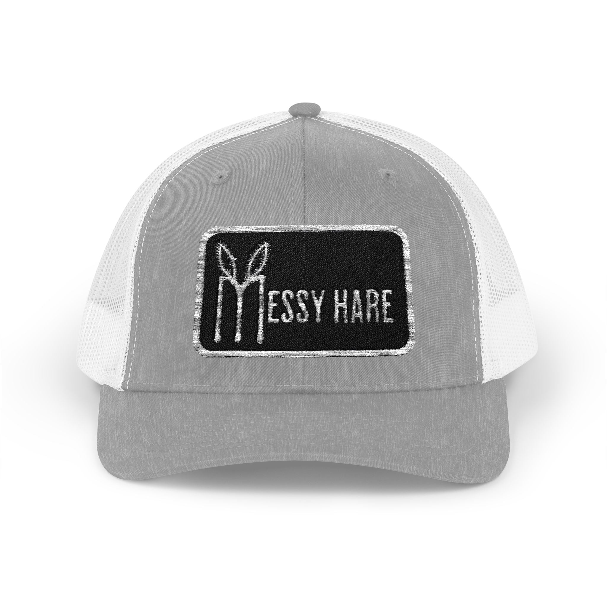 Gray and white cap with 'Messy Hare' logo on a white background