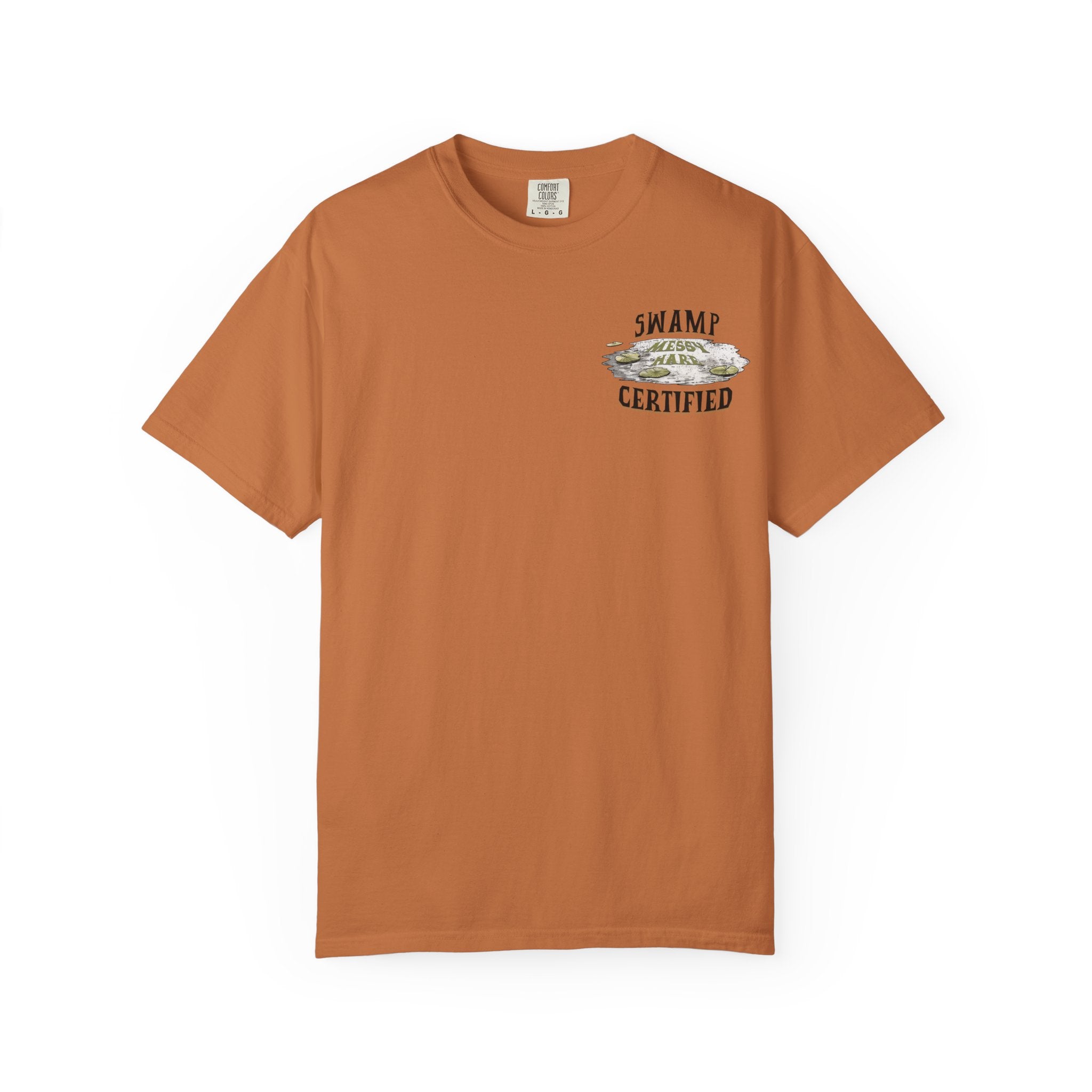 Brown t-shirt with 'Swamp Certified' graphic on a white background