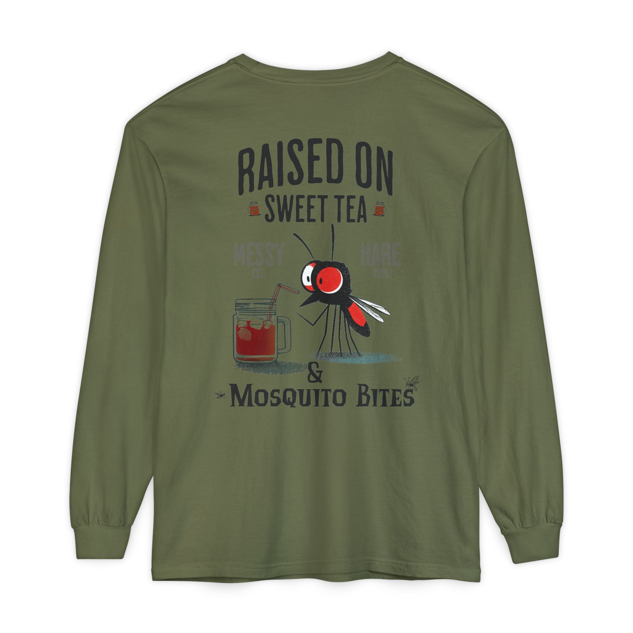 Green long-sleeve shirt with graphic design and text on a white background