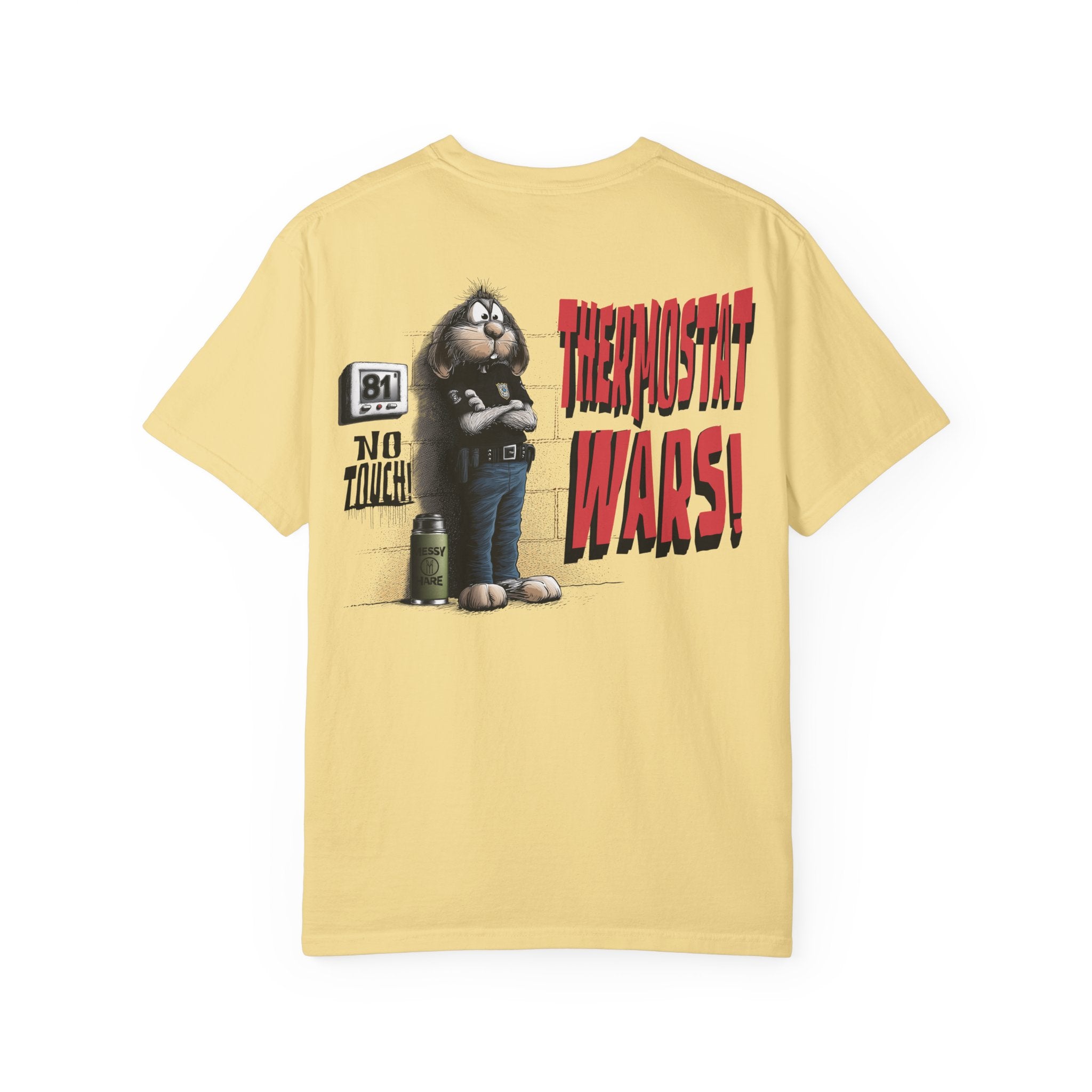 Yellow t-shirt with a graphic design on the back featuring a character and text.