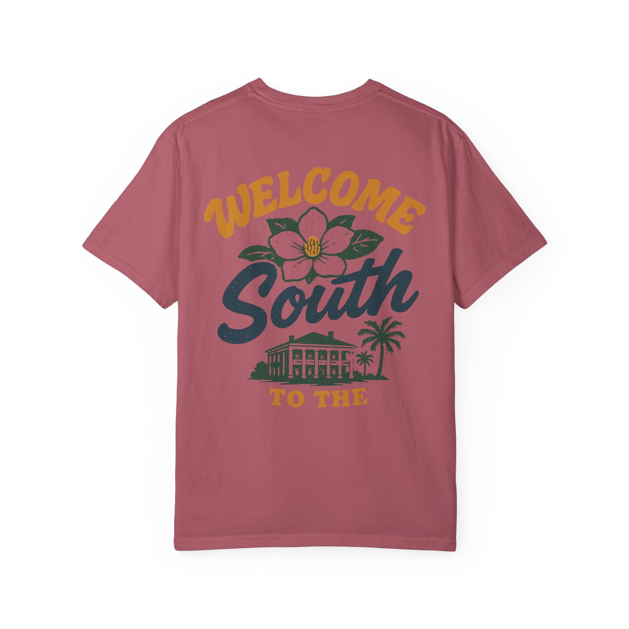 Maroon t-shirt with 'Welcome South' graphic design on a white background