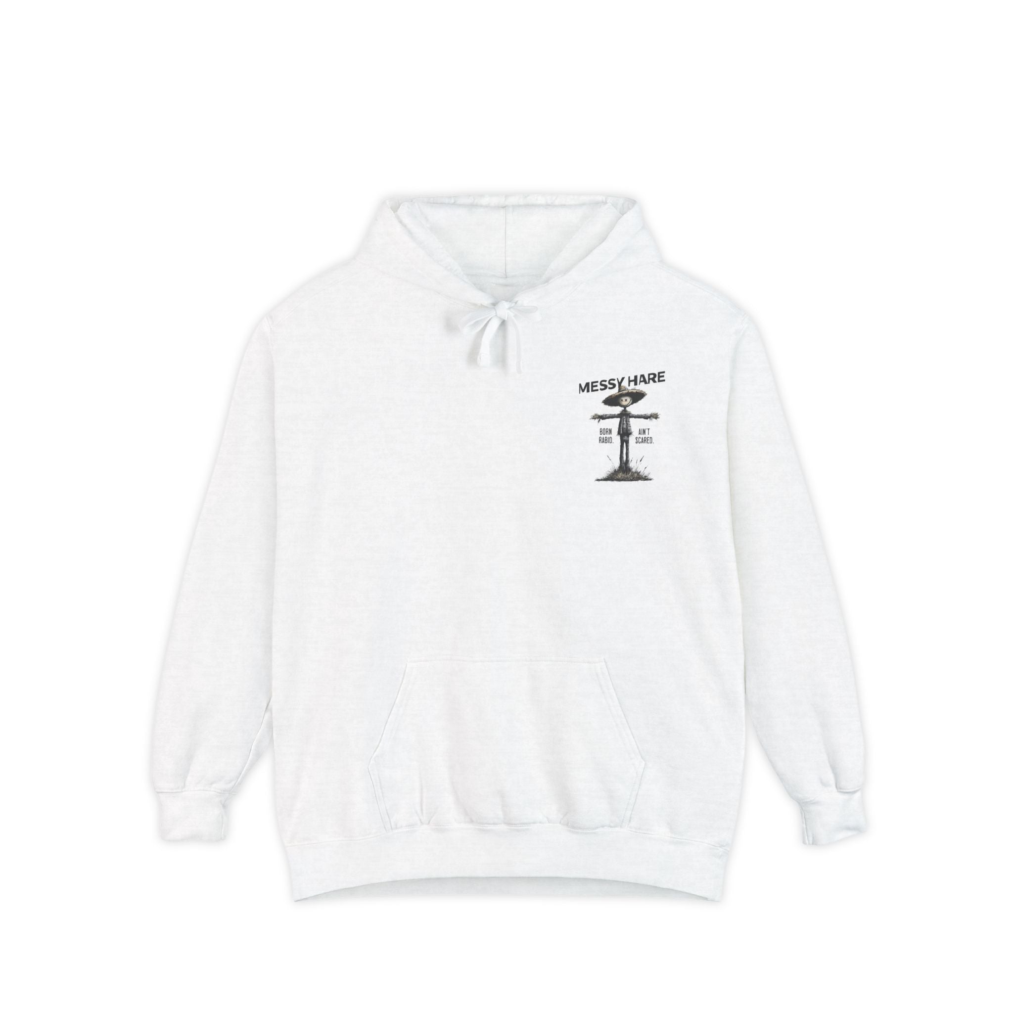 White hoodie with black graphic and text on a white background