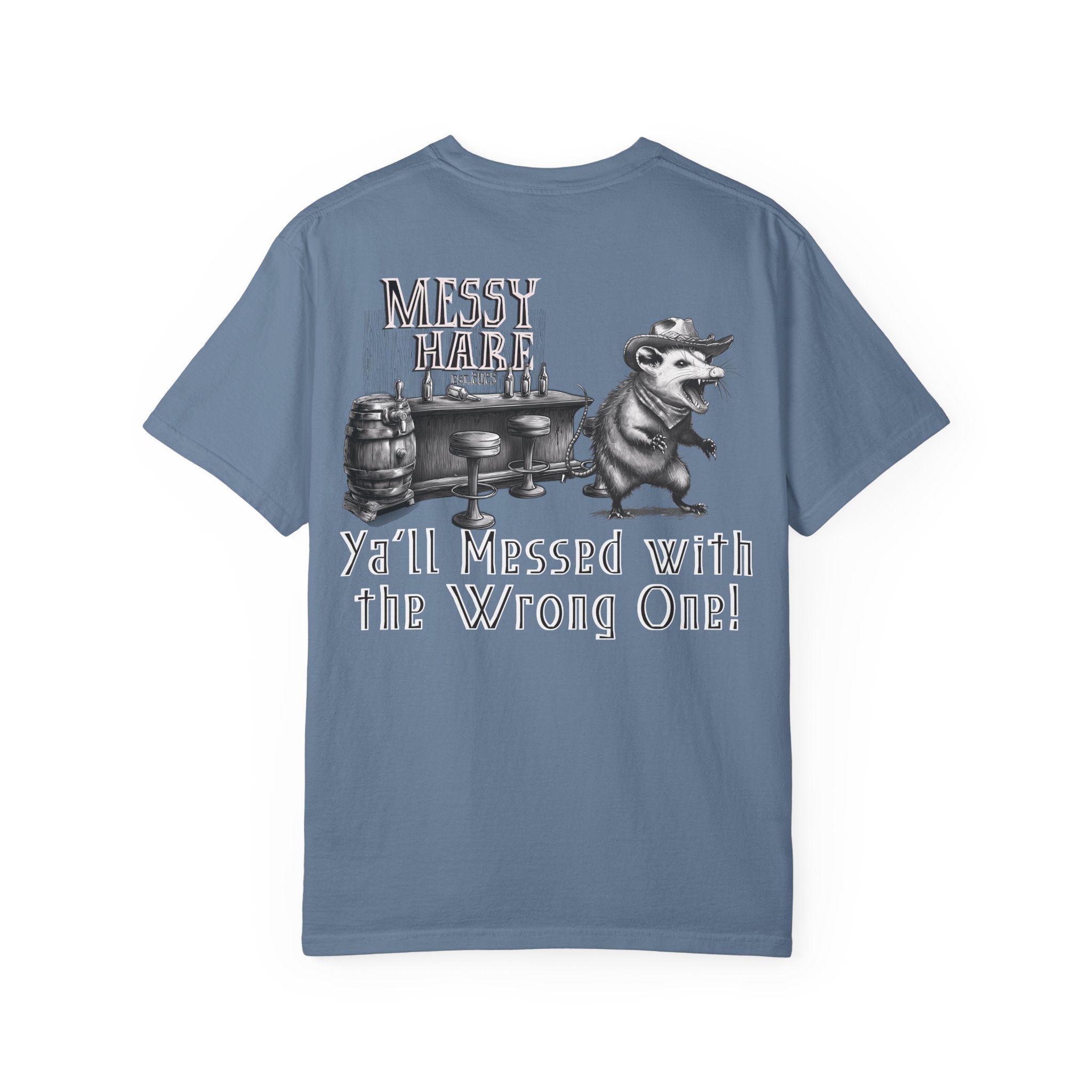 Blue t-shirt with graphic design and text on a white background