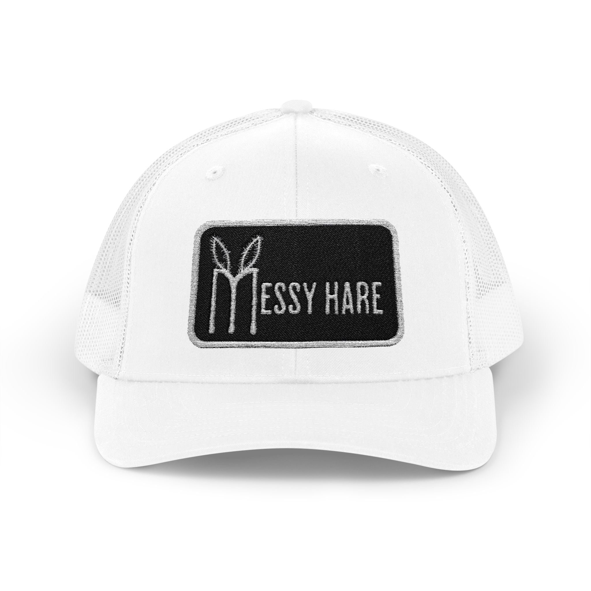 White cap with 'Messy Hare' logo on a white background