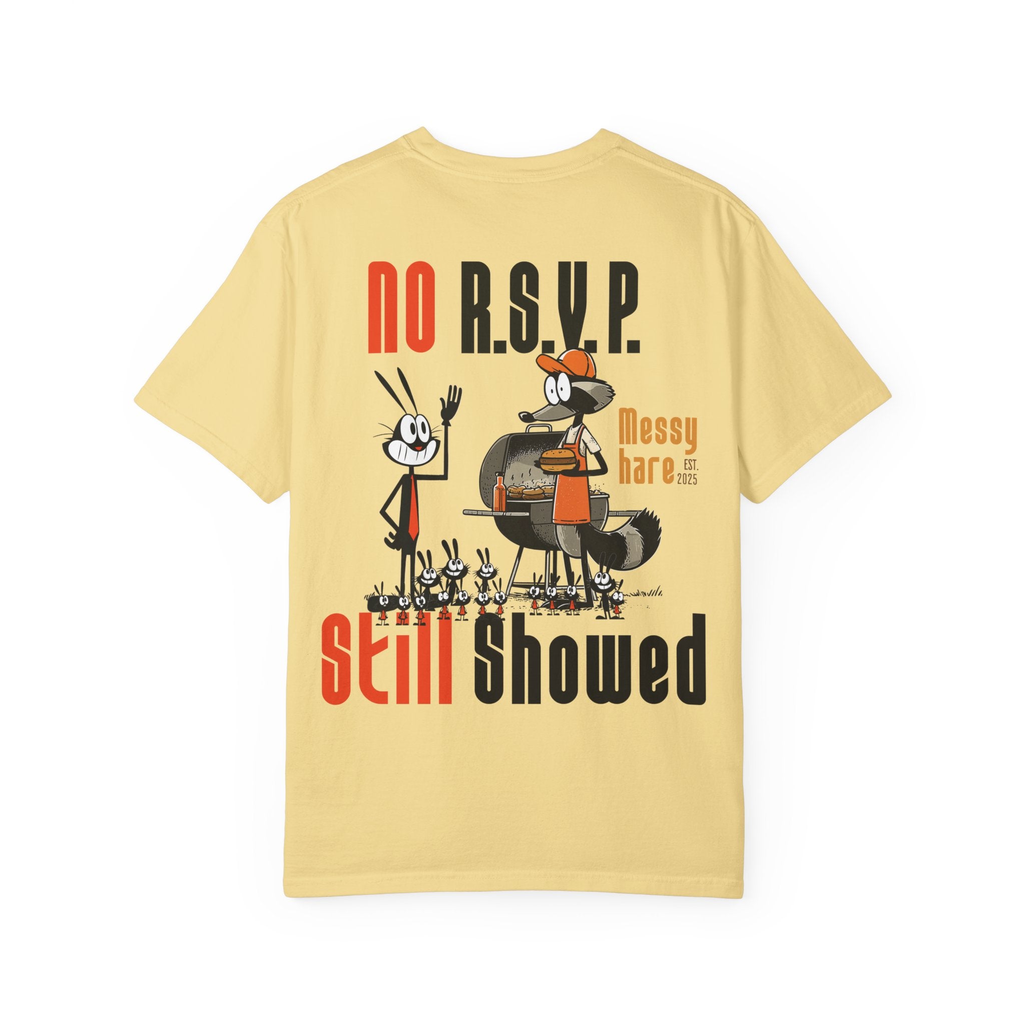 Yellow t-shirt with cartoon characters and text on a white background