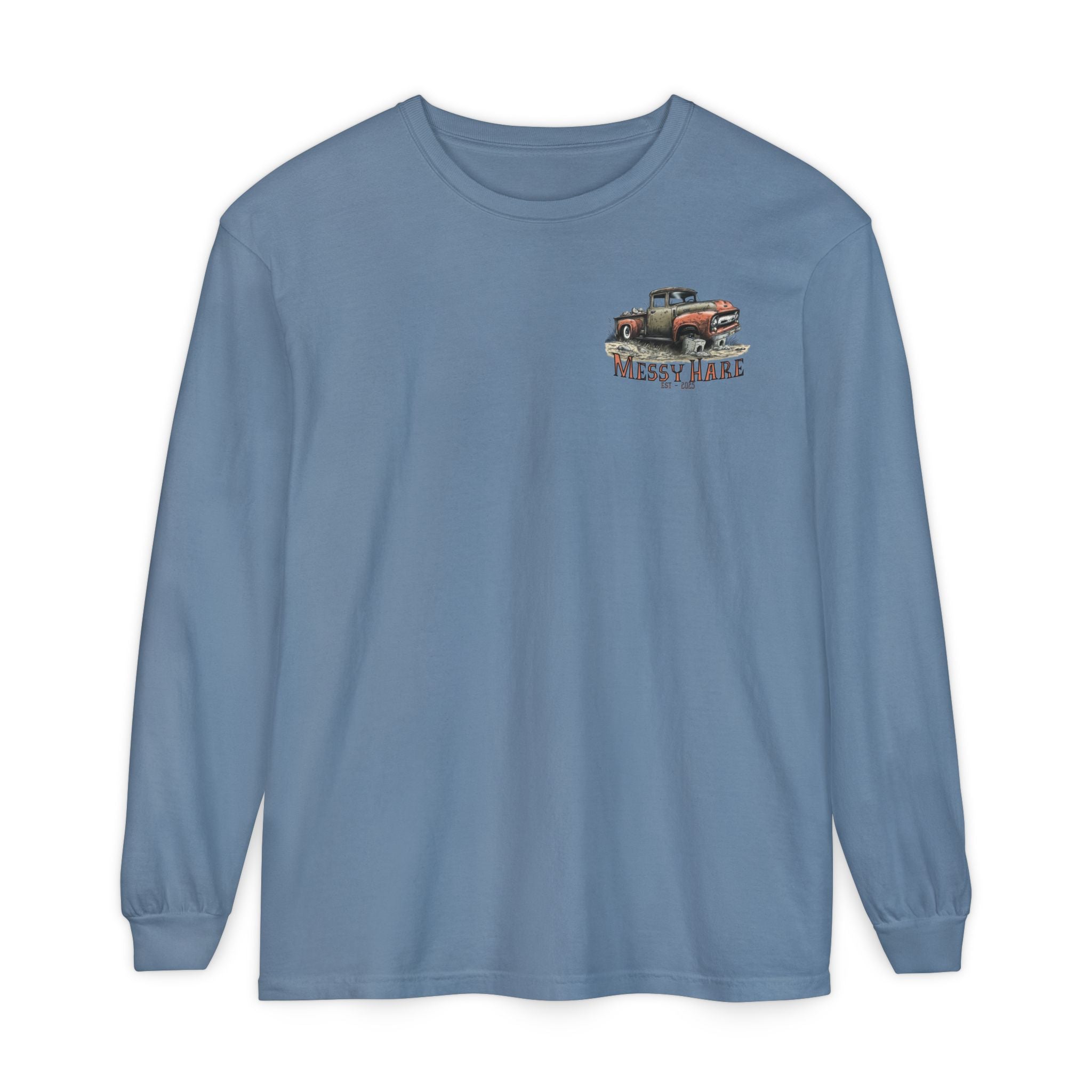 Blue long-sleeve shirt with a graphic of a truck on a white background
