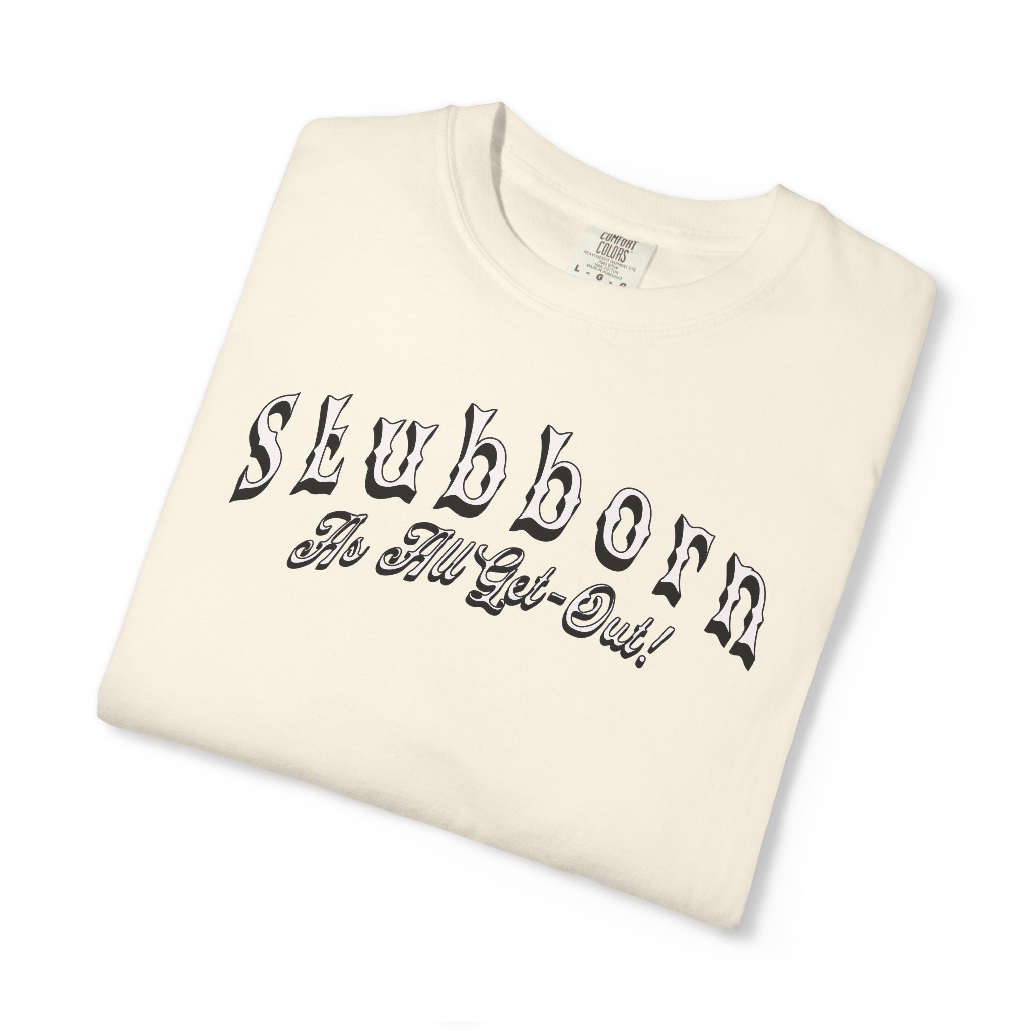 Folded cream-colored t-shirt with black text on a white background