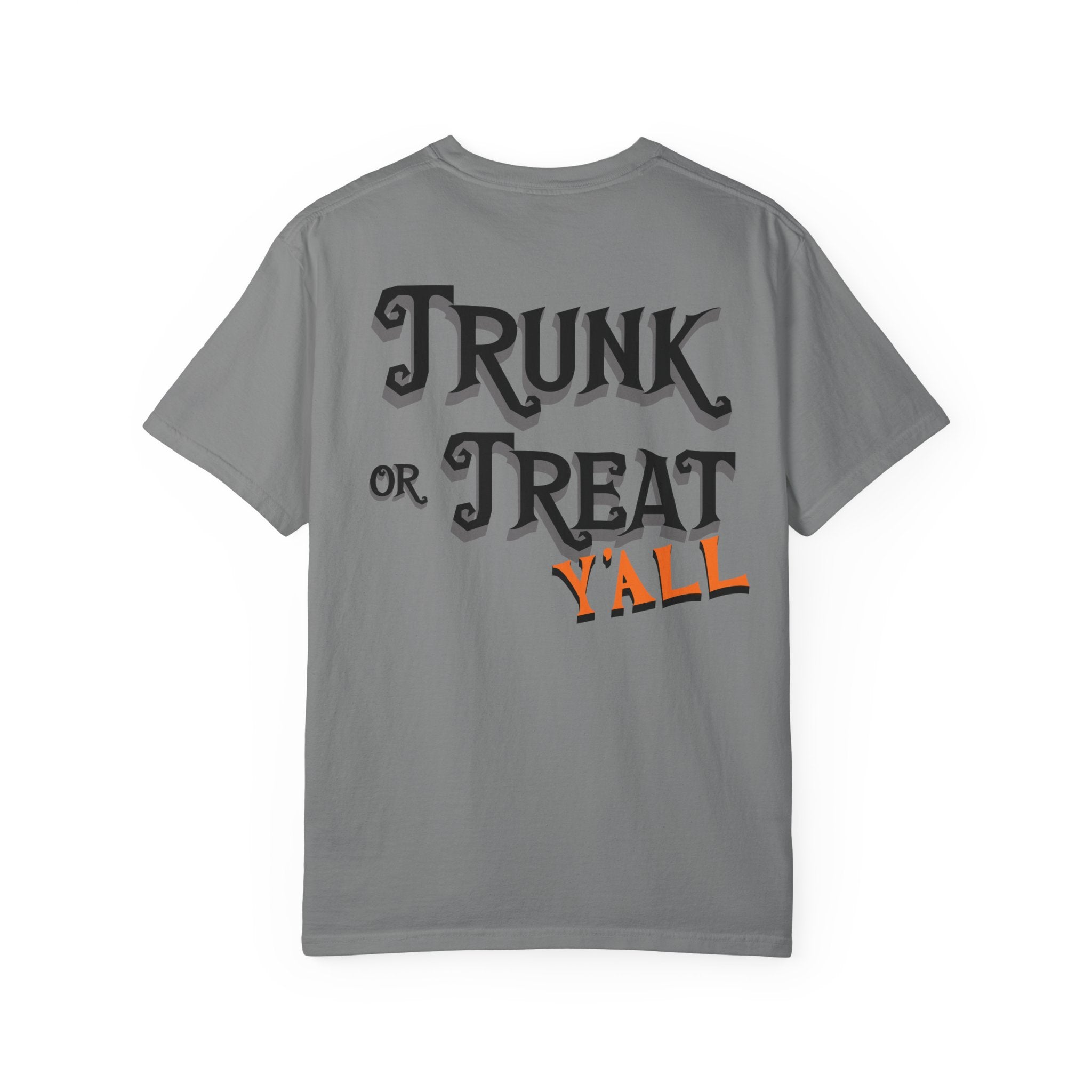 Gray t-shirt with 'Trunk or Treat Y'all' text on a white background
