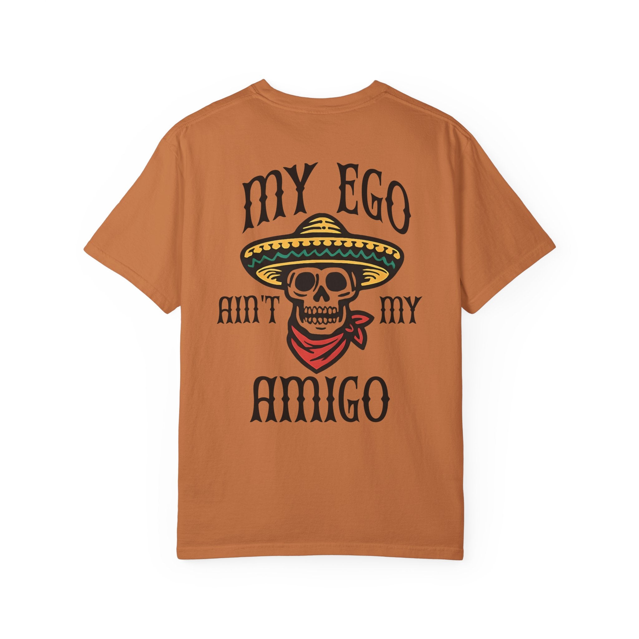 Brown t-shirt with skull graphic and text on a white background