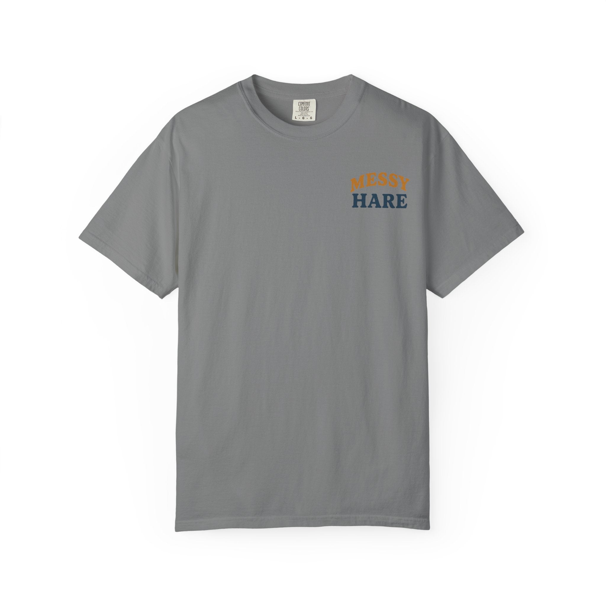Gray t-shirt with 'MESSY HARE' text on a white background